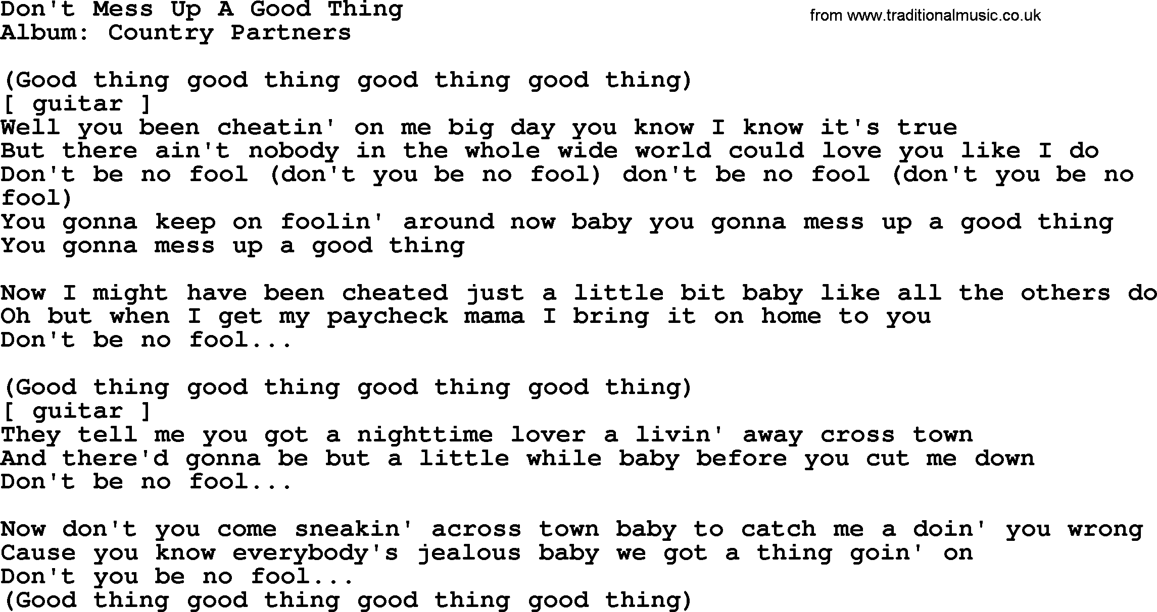 Loretta Lynn song: Don't Mess Up A Good Thing lyrics