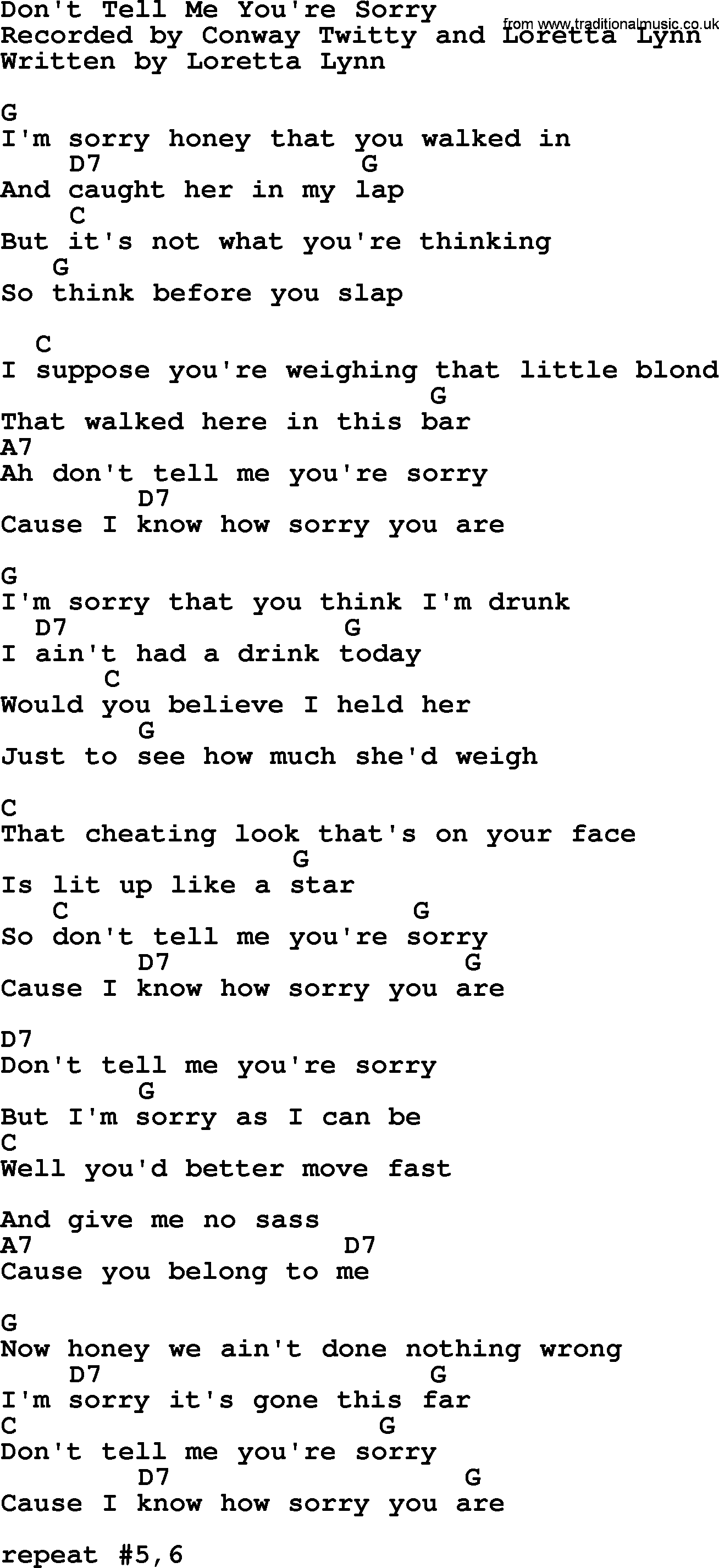Loretta Lynn song: Don't Tell Me You're Sorry lyrics and chords