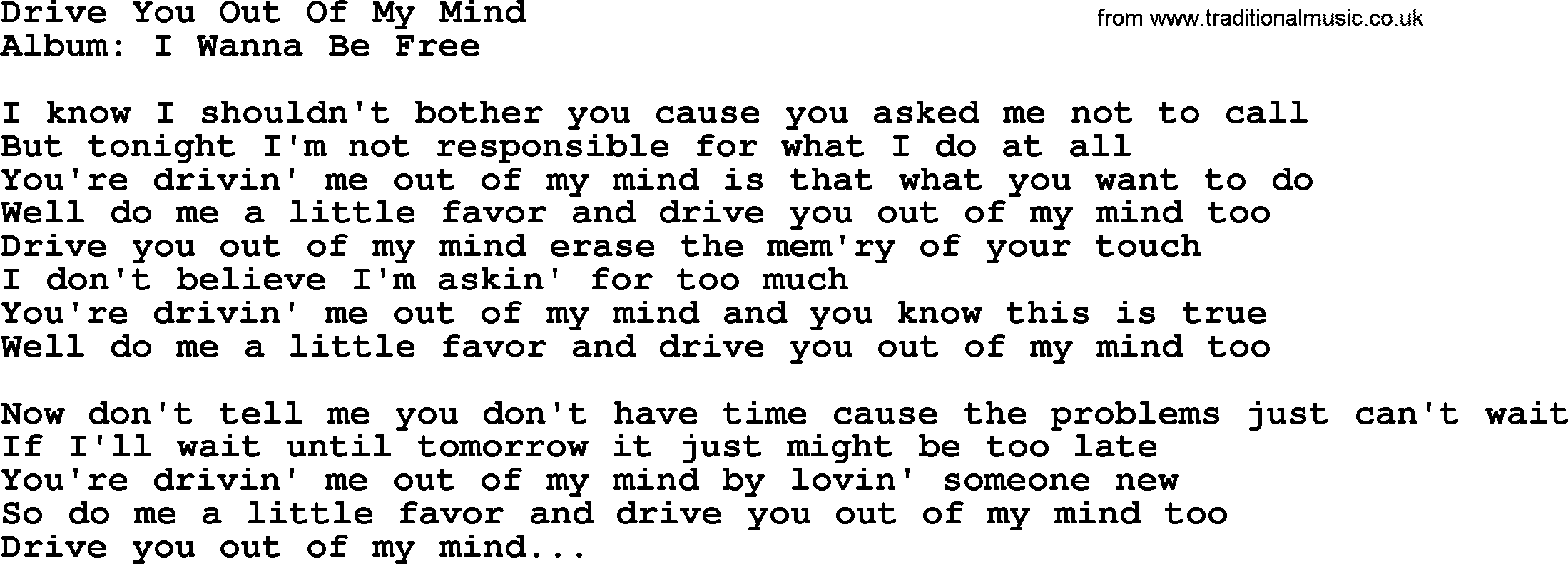 Loretta Lynn song: Drive You Out Of My Mind lyrics