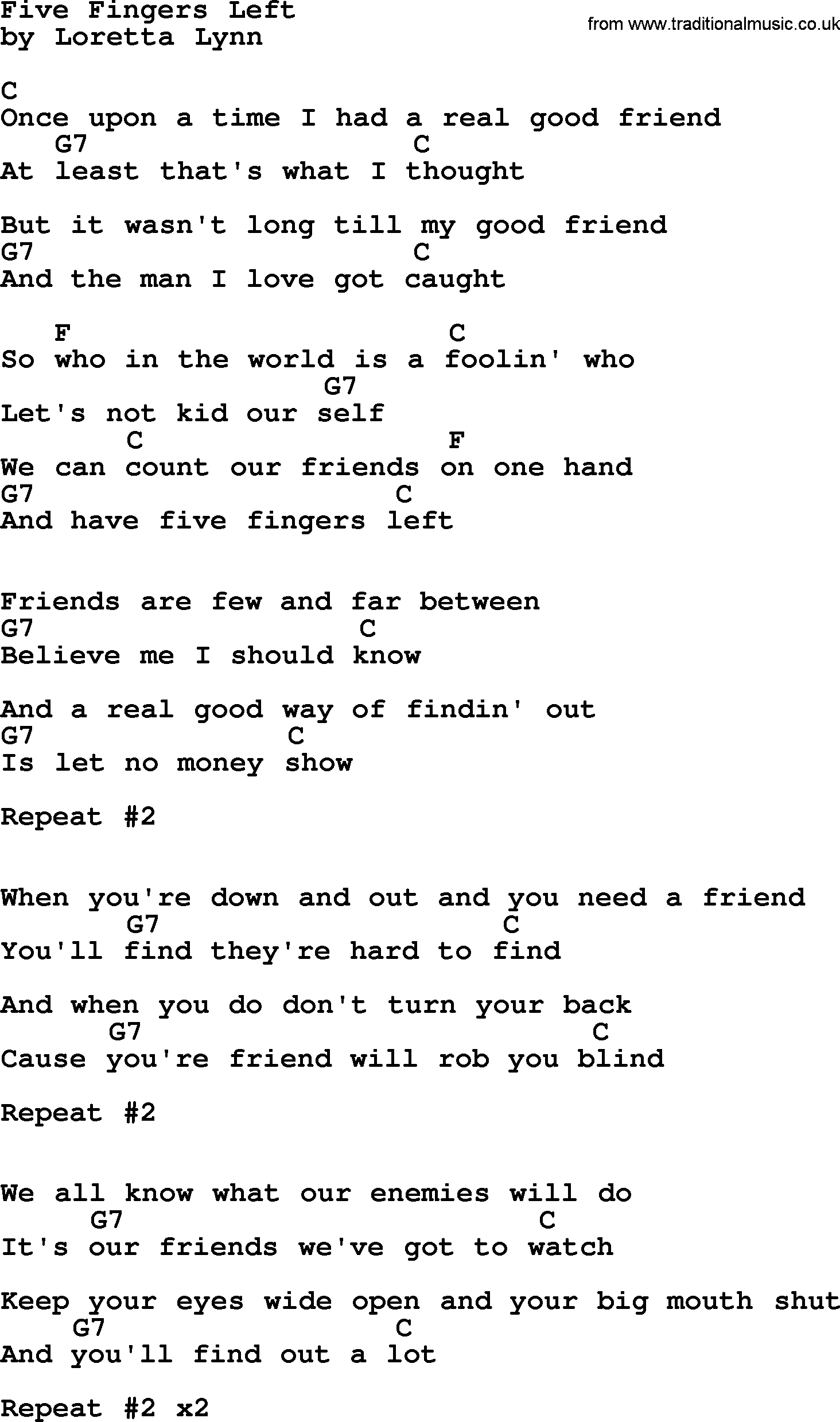 Loretta Lynn song: Five Fingers Left lyrics and chords
