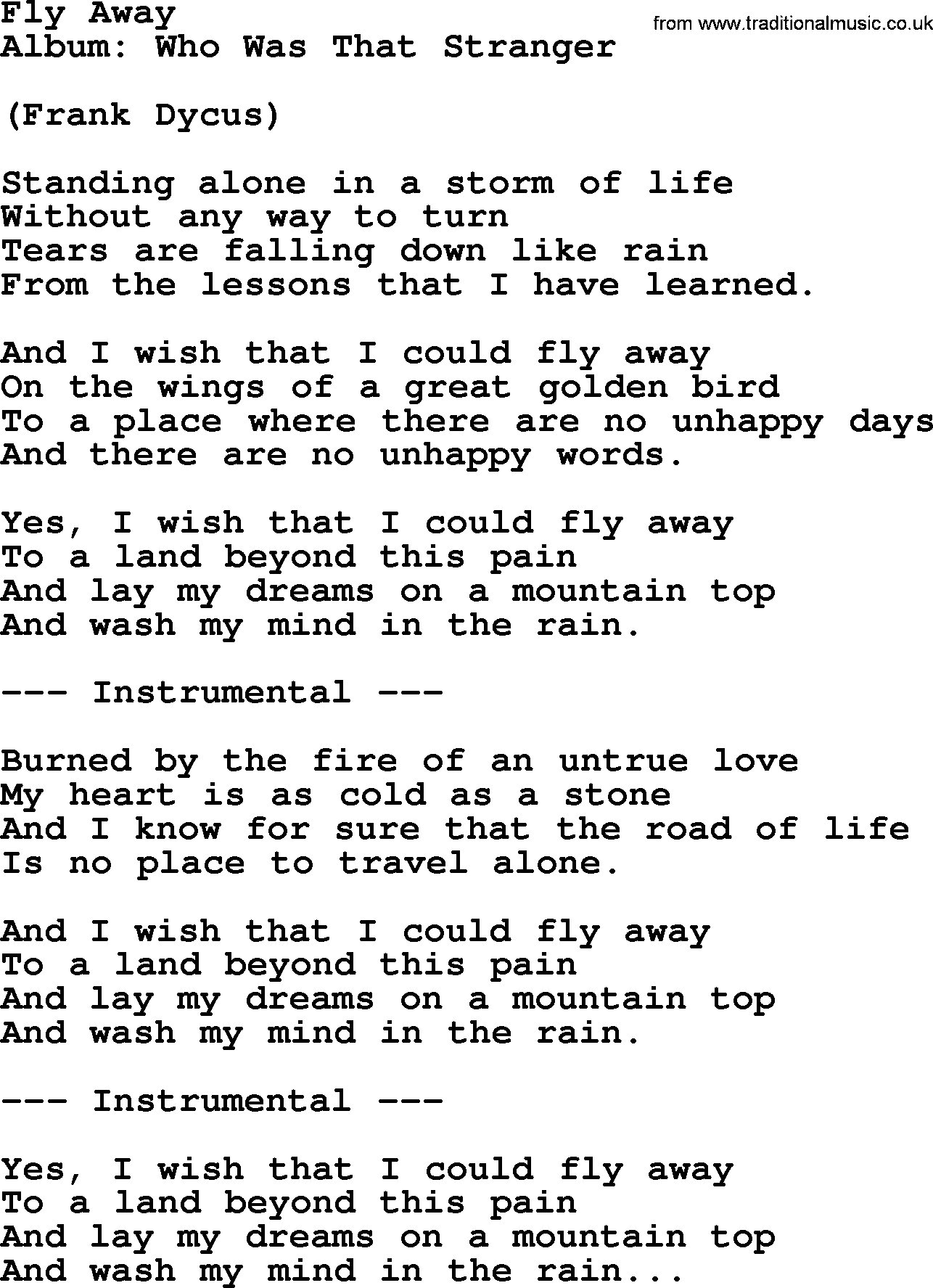 Loretta Lynn song: Fly Away lyrics