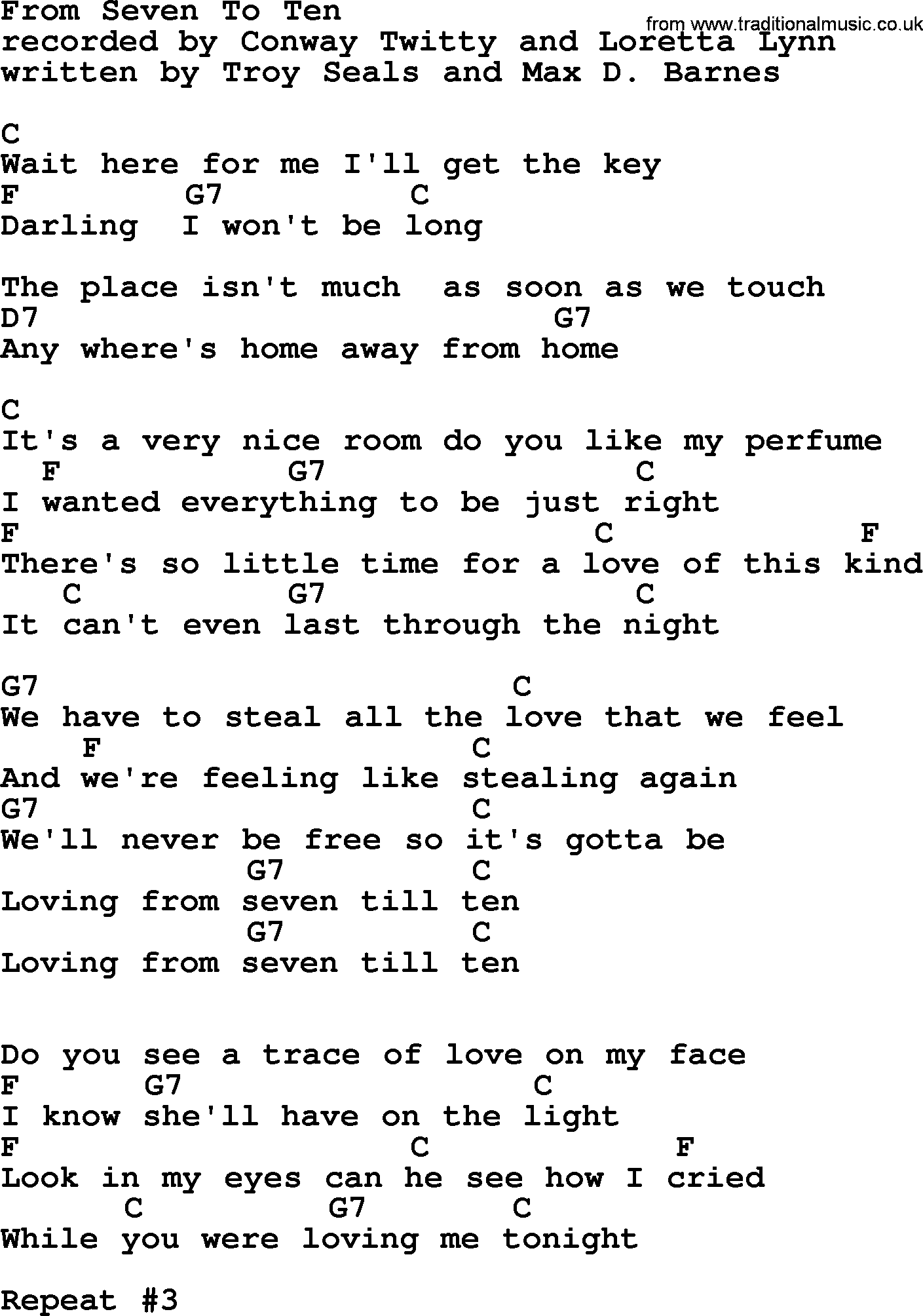 Loretta Lynn song: From Seven To Ten lyrics and chords