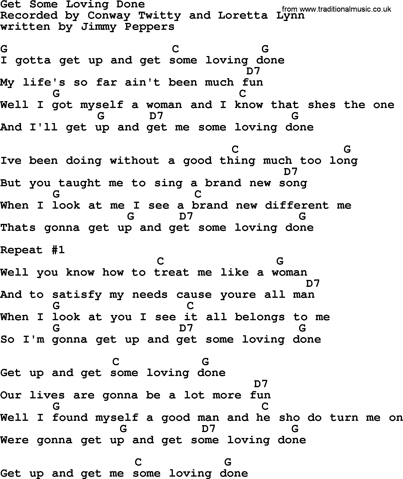 Loretta Lynn song: Get Some Loving Done lyrics and chords