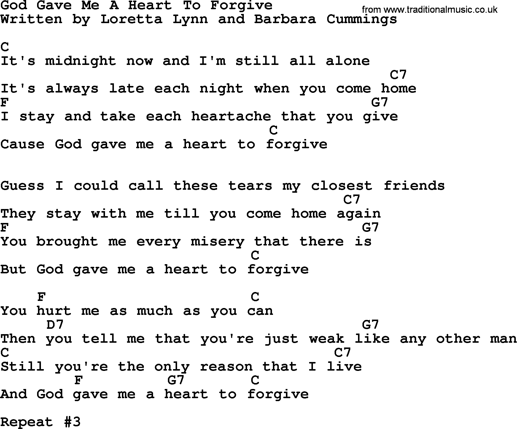 Loretta Lynn song: God Gave Me A Heart To Forgive lyrics and chords