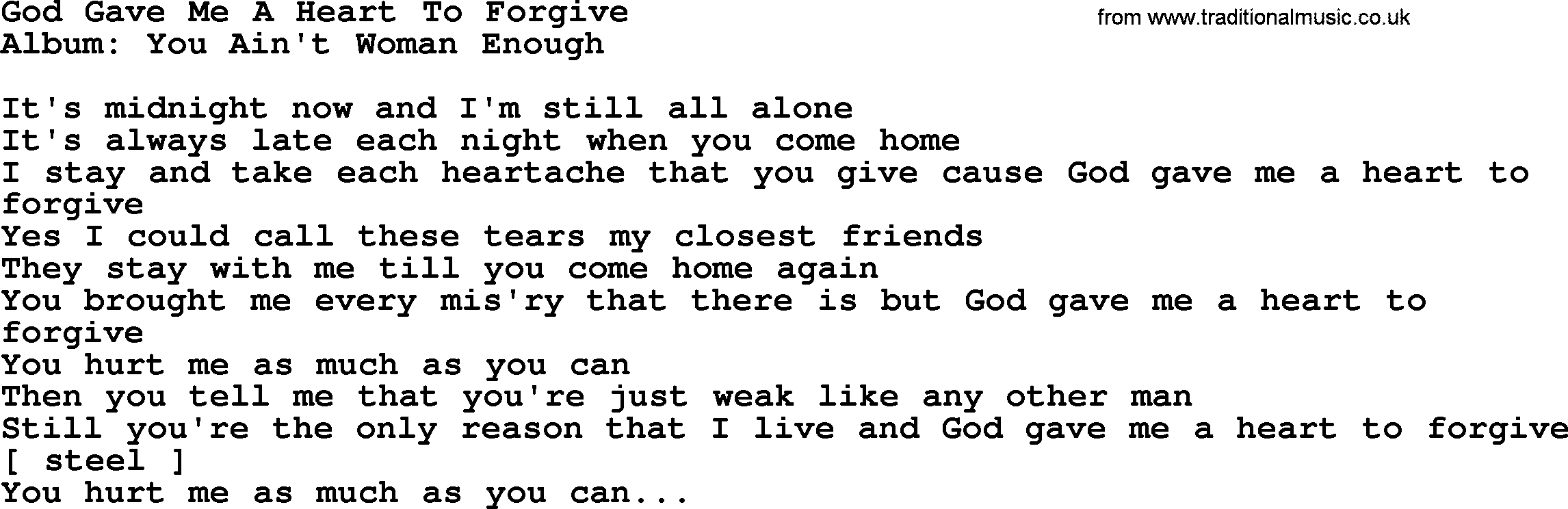 Loretta Lynn song: God Gave Me A Heart To Forgive lyrics