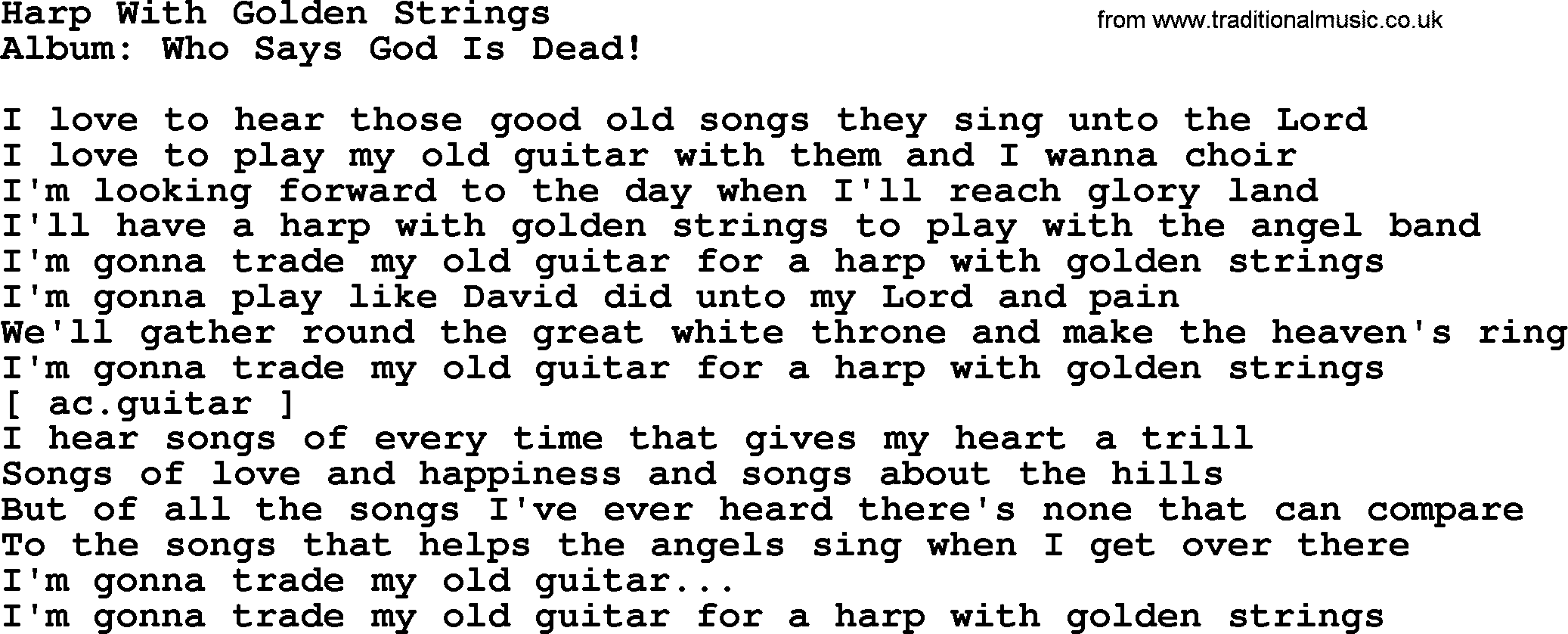 Loretta Lynn song: Harp With Golden Strings lyrics