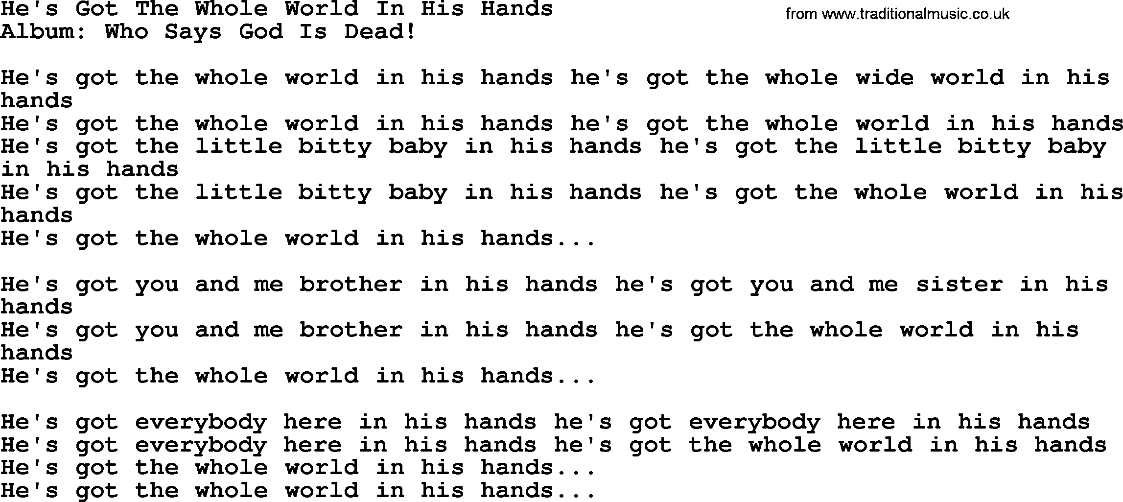 Loretta Lynn song: He's Got The Whole World In His Hands lyrics