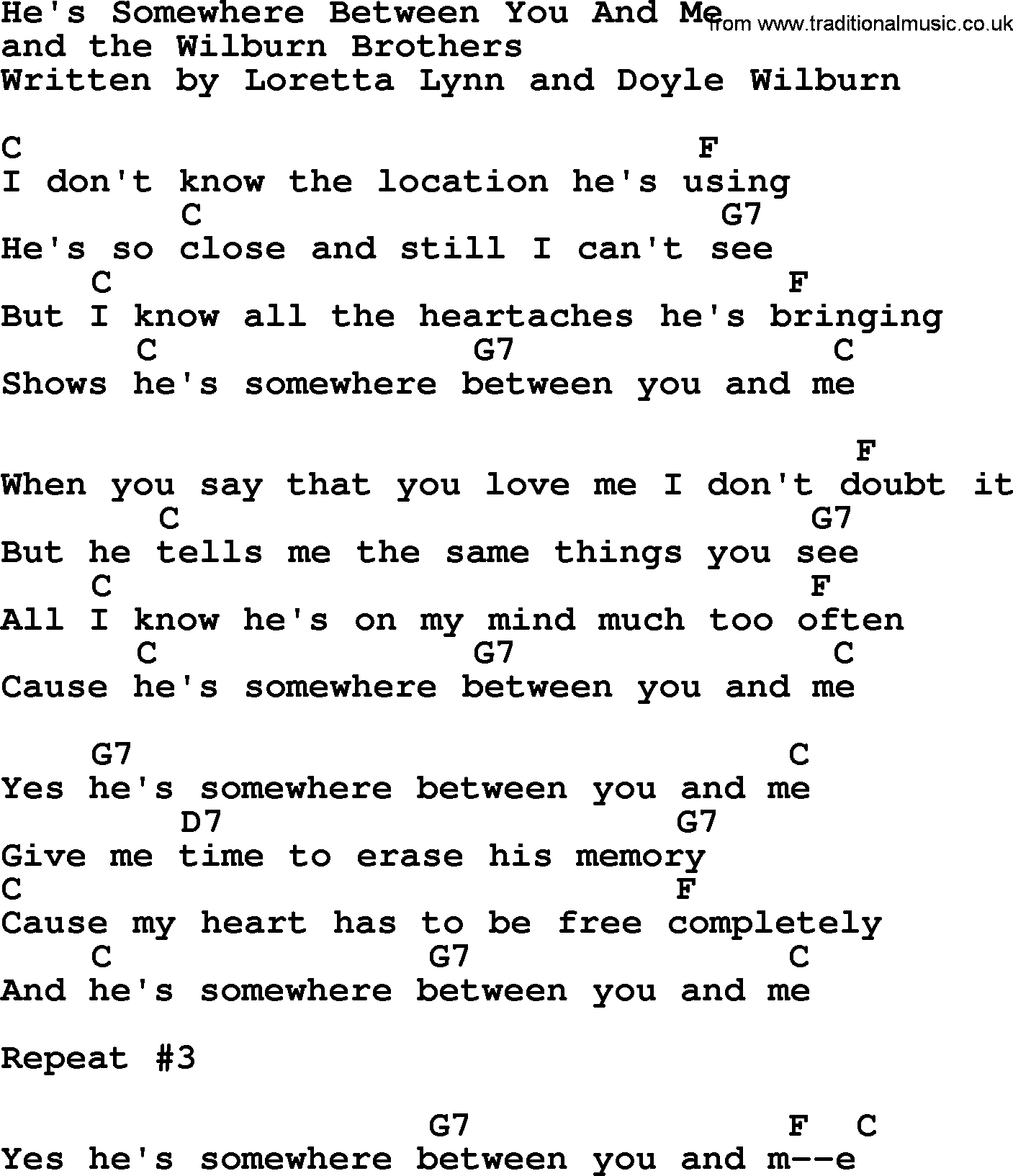 Loretta Lynn song: He's Somewhere Between You And Me lyrics and chords