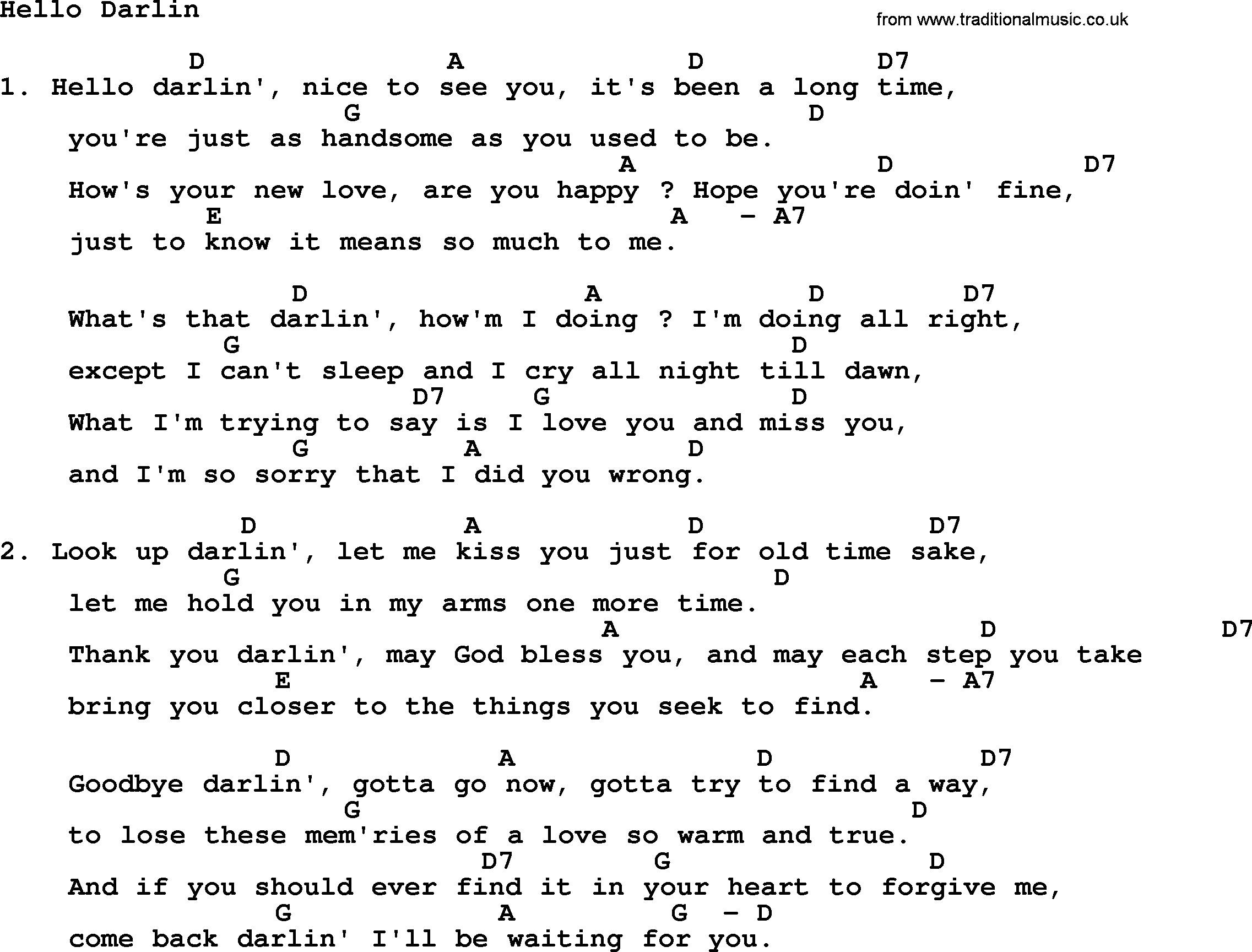 Loretta Lynn song: Hello Darlin' lyrics and chords