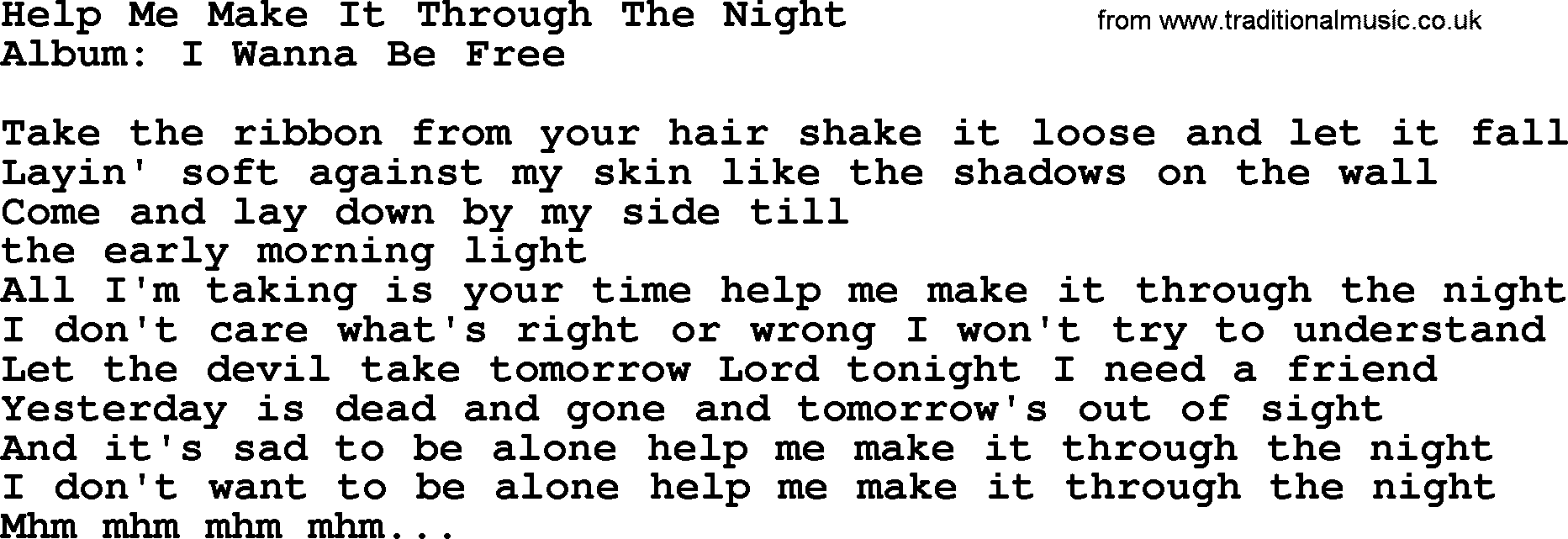 Loretta Lynn song: Help Me Make It Through The Night lyrics