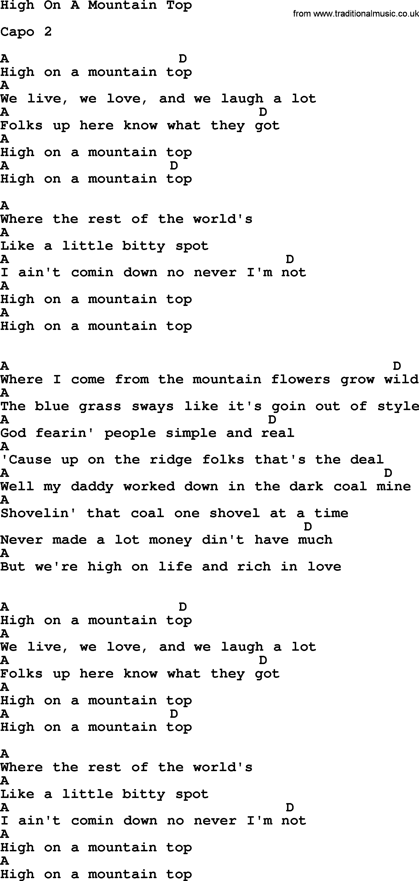 Loretta Lynn song: High On A Mountain Top lyrics and chords