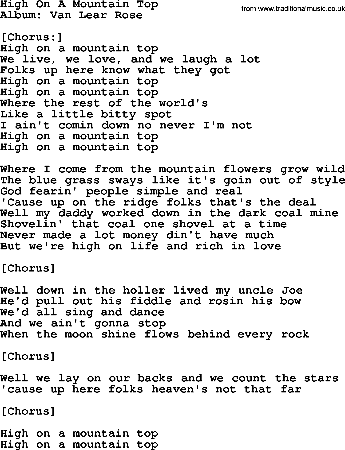 Loretta Lynn song: High On A Mountain Top lyrics