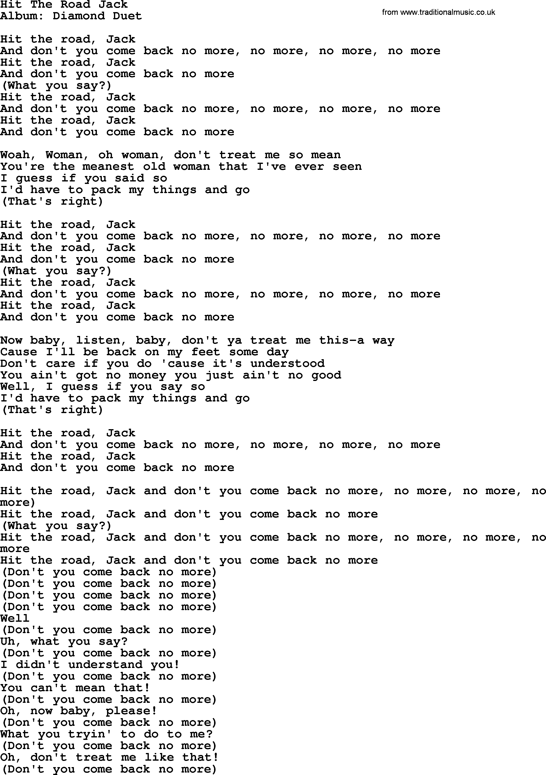 Loretta Lynn song: Hit The Road Jack lyrics