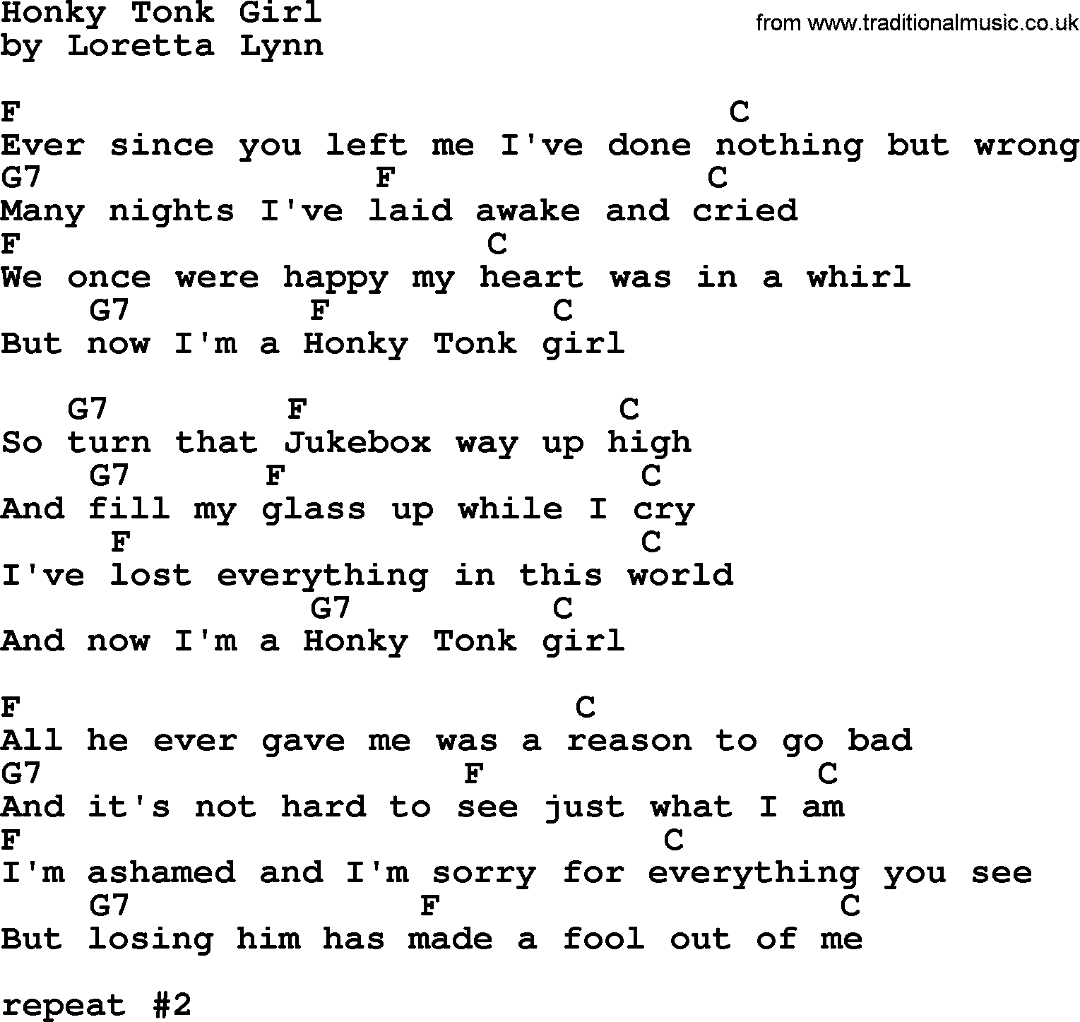 Loretta Lynn song: Honky Tonk Girl lyrics and chords