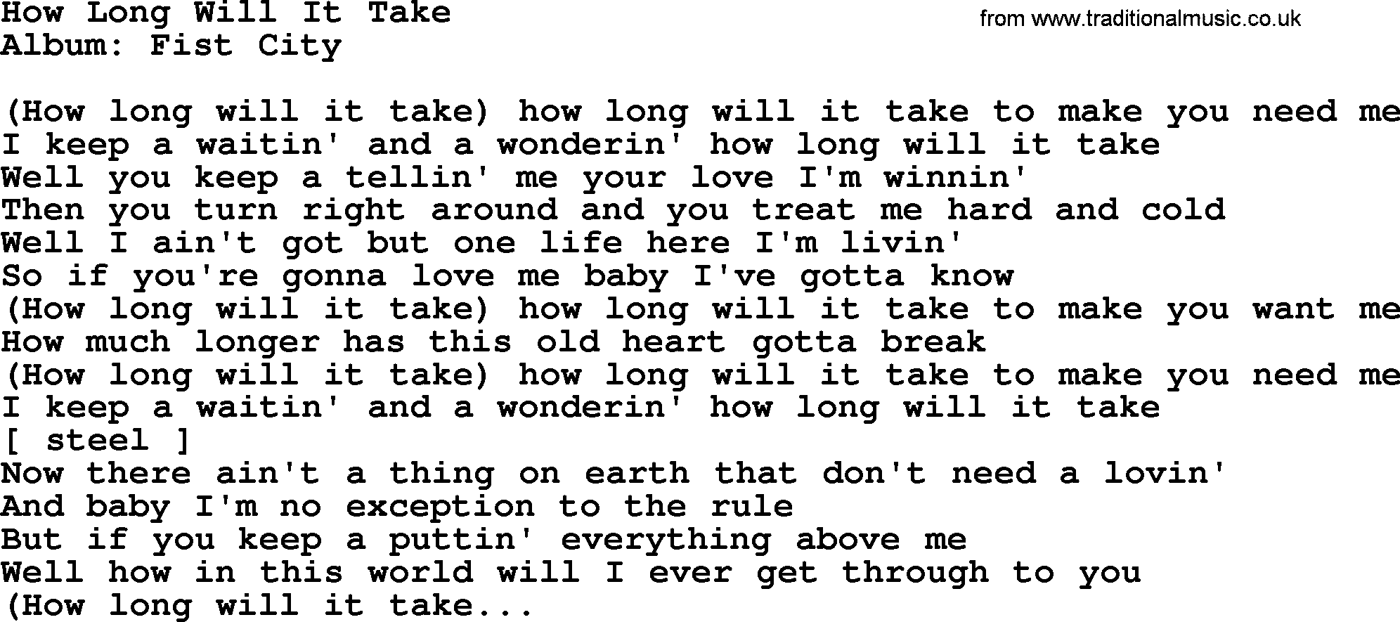 Loretta Lynn song: How Long Will It Take lyrics