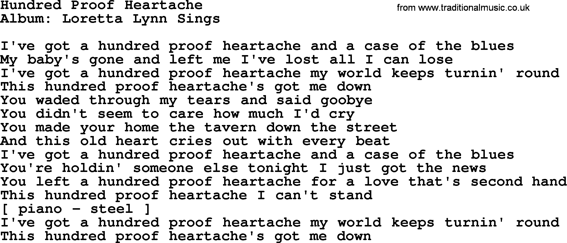 Loretta Lynn song: Hundred Proof Heartache lyrics