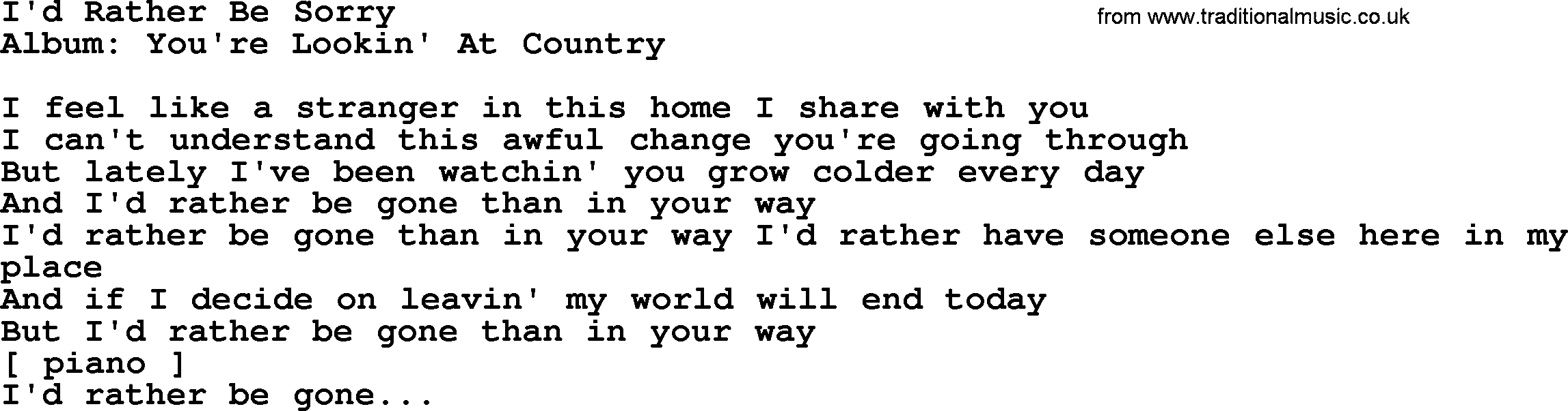 Loretta Lynn song: I'd Rather Be Sorry lyrics