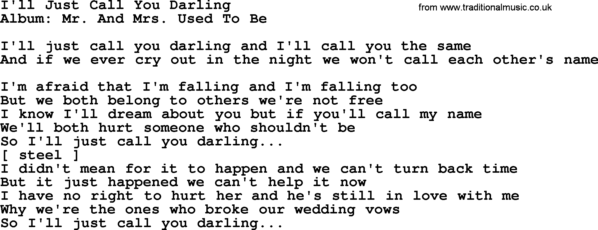 Loretta Lynn song: I'll Just Call You Darling lyrics