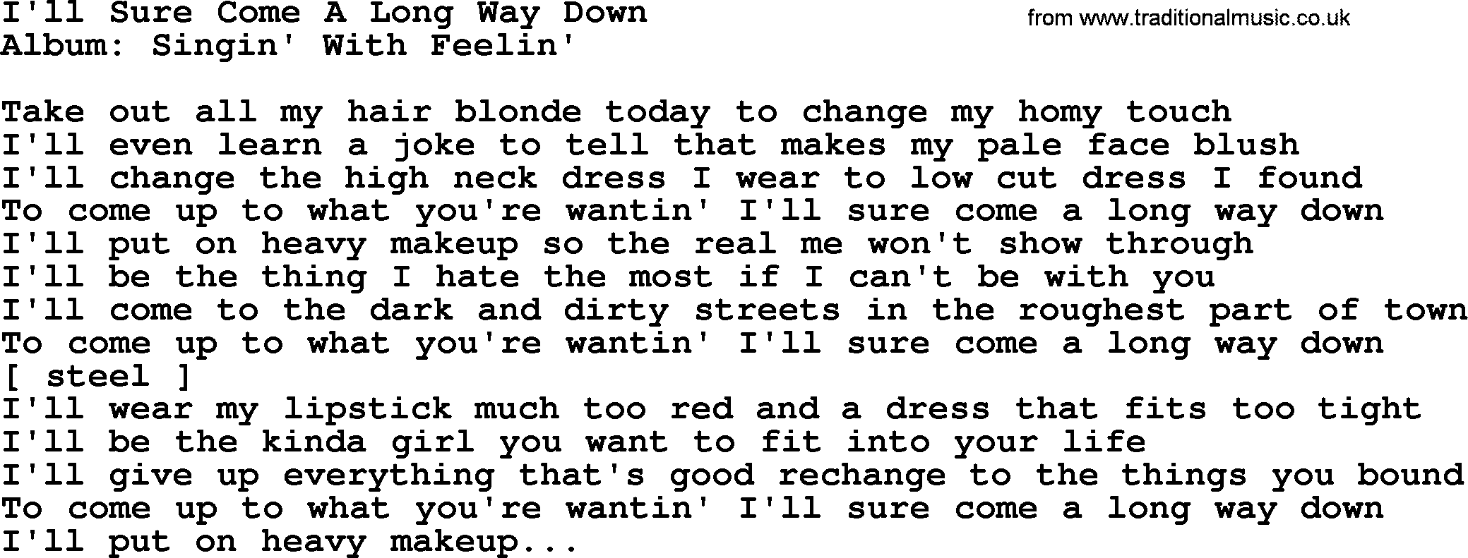 Loretta Lynn song: I'll Sure Come A Long Way Down lyrics
