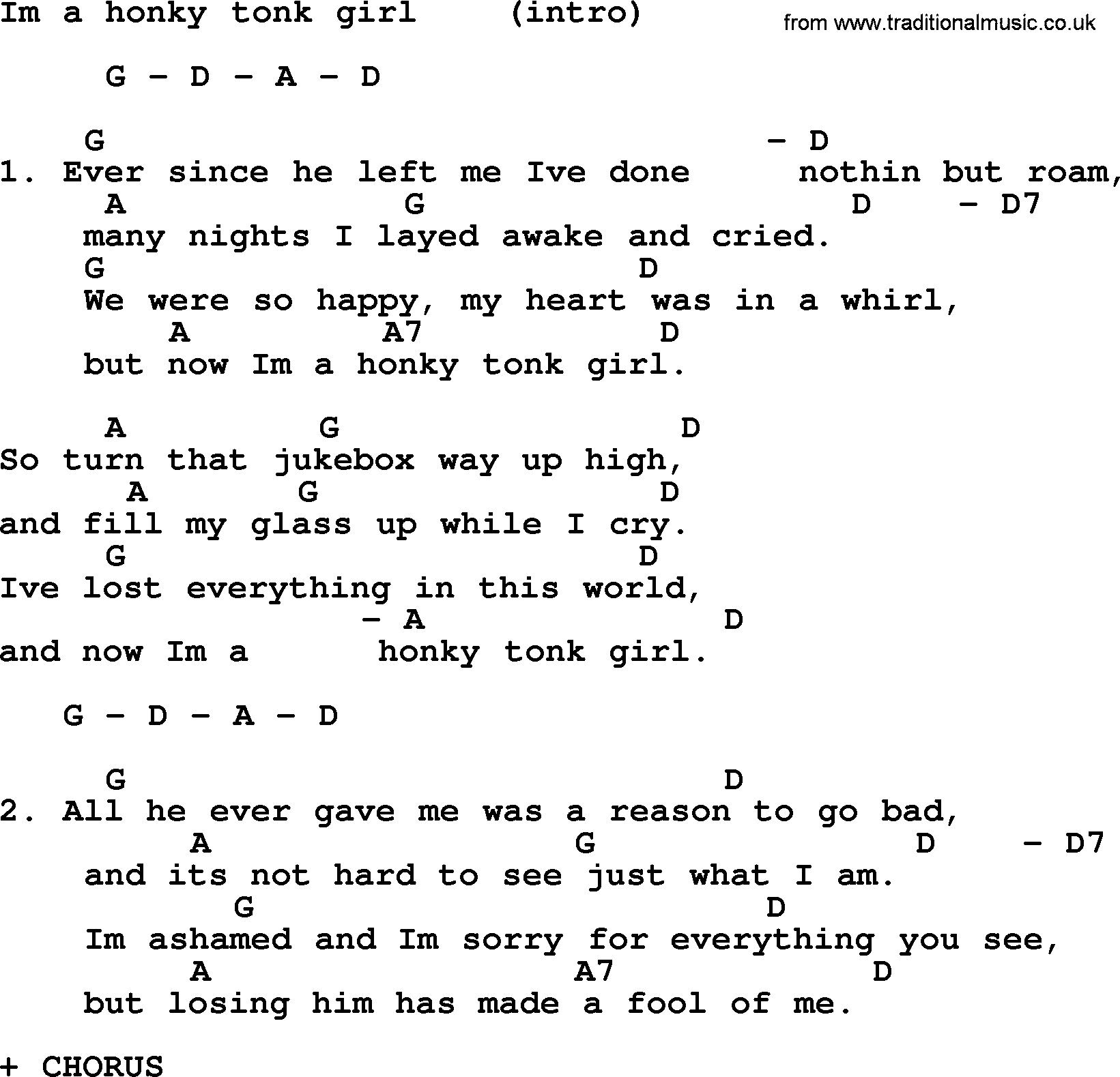 Loretta Lynn song: I'm A Honky Tonk Girl lyrics and chords