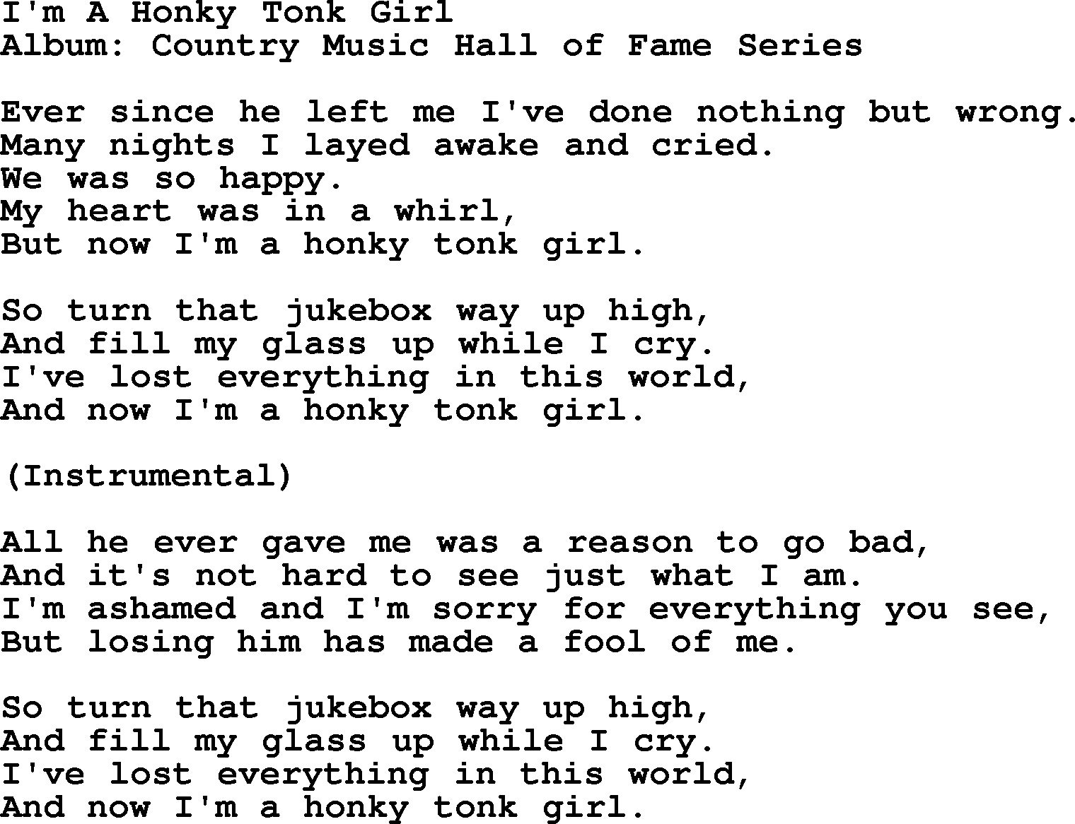 Loretta Lynn song: I'm A Honky Tonk Girl lyrics
