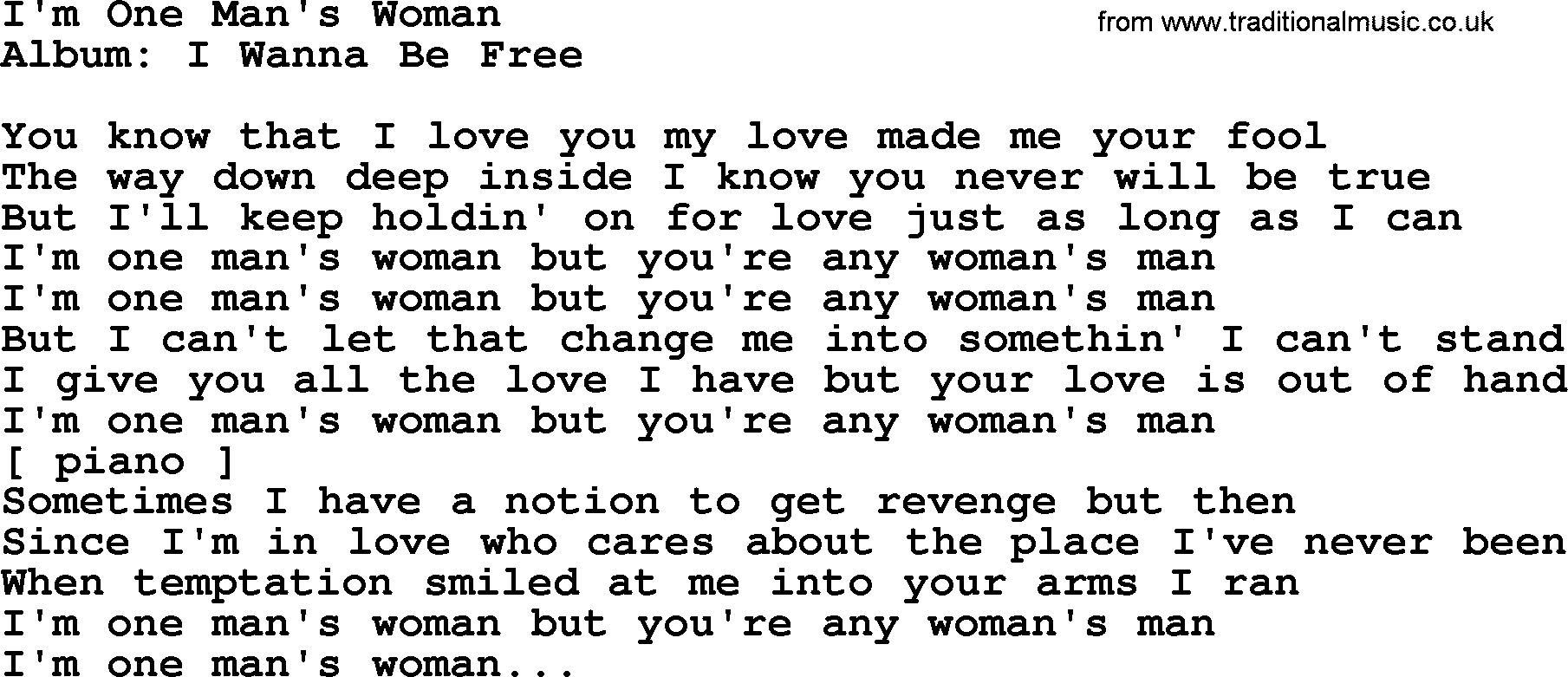 Loretta Lynn song: I'm One Man's Woman lyrics
