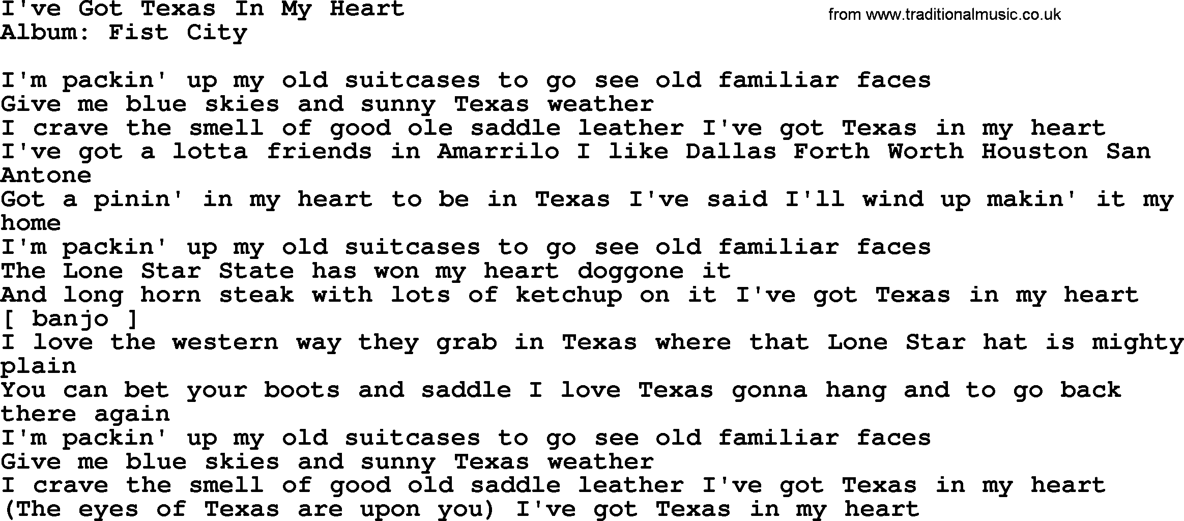 Loretta Lynn song: I've Got Texas In My Heart lyrics