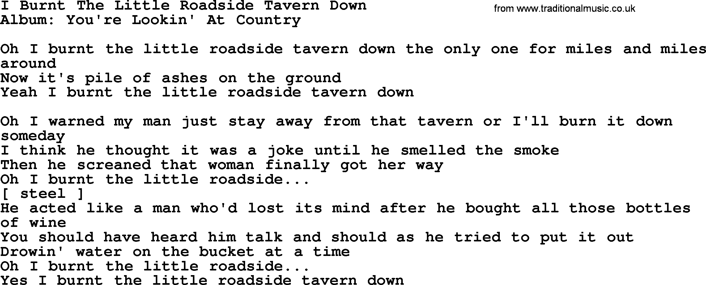Loretta Lynn song: I Burnt The Little Roadside Tavern Down lyrics