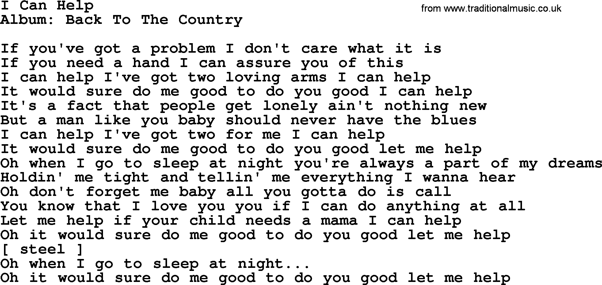 Loretta Lynn song: I Can Help lyrics