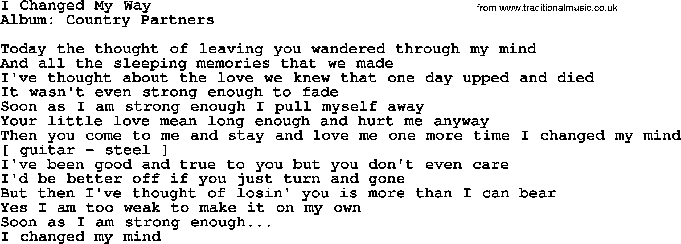 Loretta Lynn song: I Changed My Way lyrics