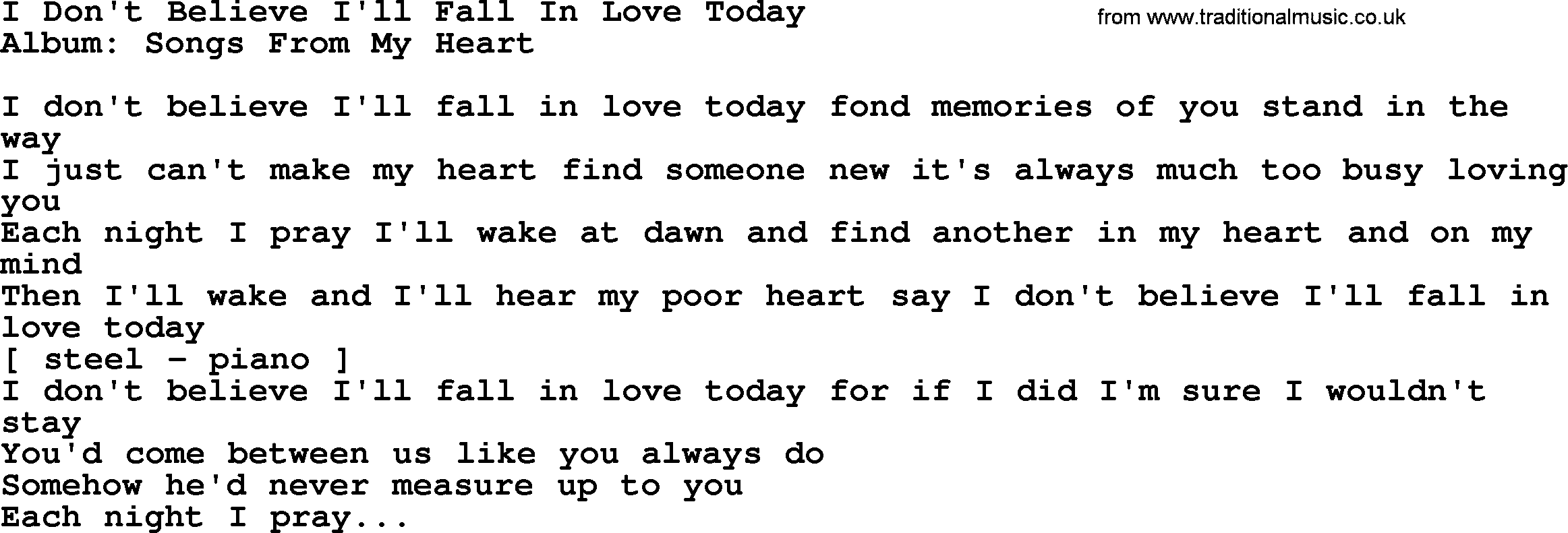 Loretta Lynn song: I Don't Believe I'll Fall In Love Today lyrics