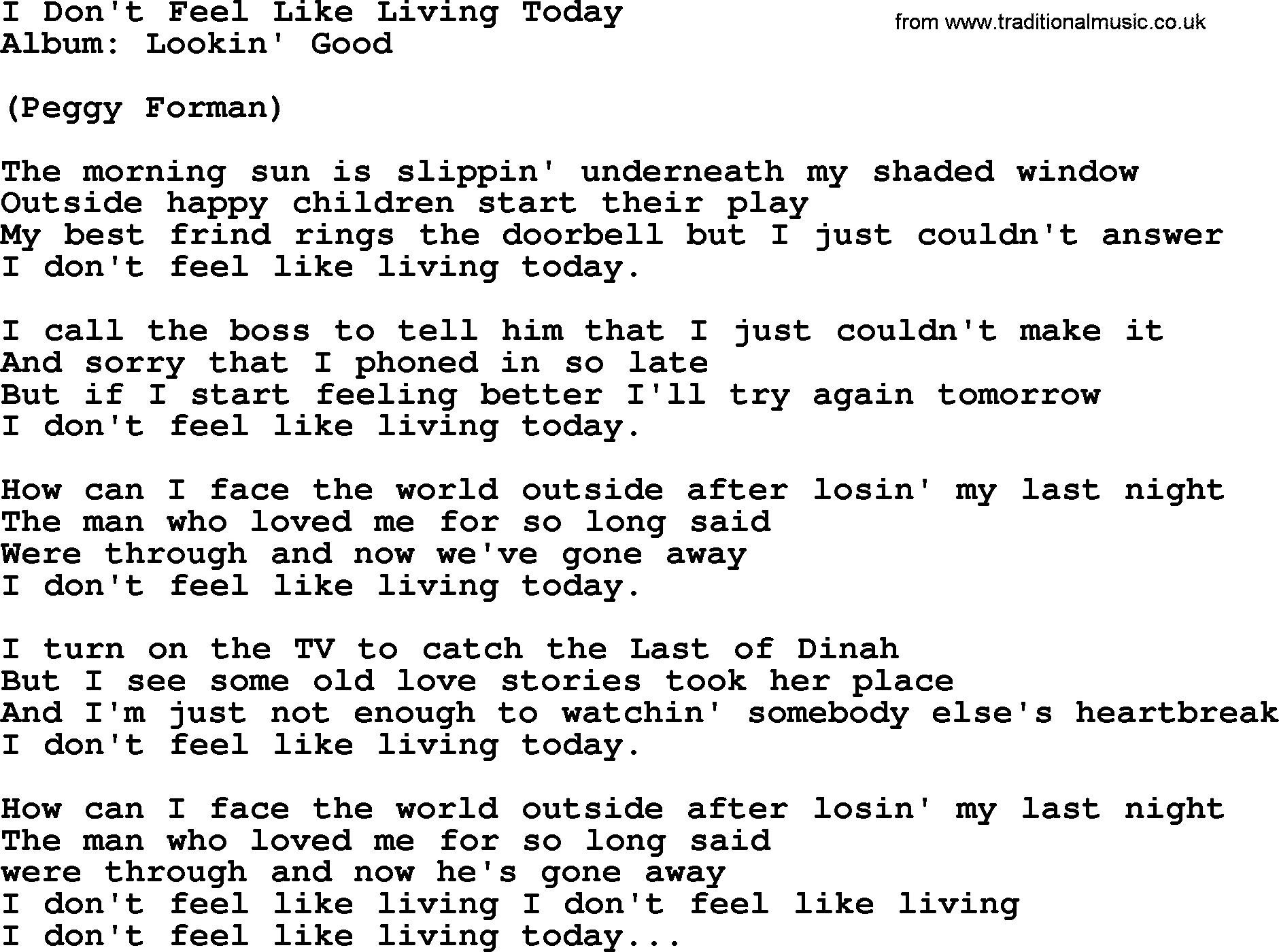 Loretta Lynn song: I Don't Feel Like Living Today lyrics