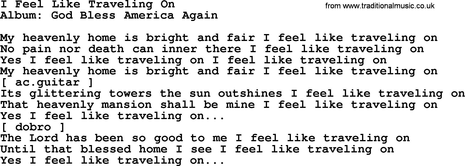 Loretta Lynn song: I Feel Like Traveling On lyrics