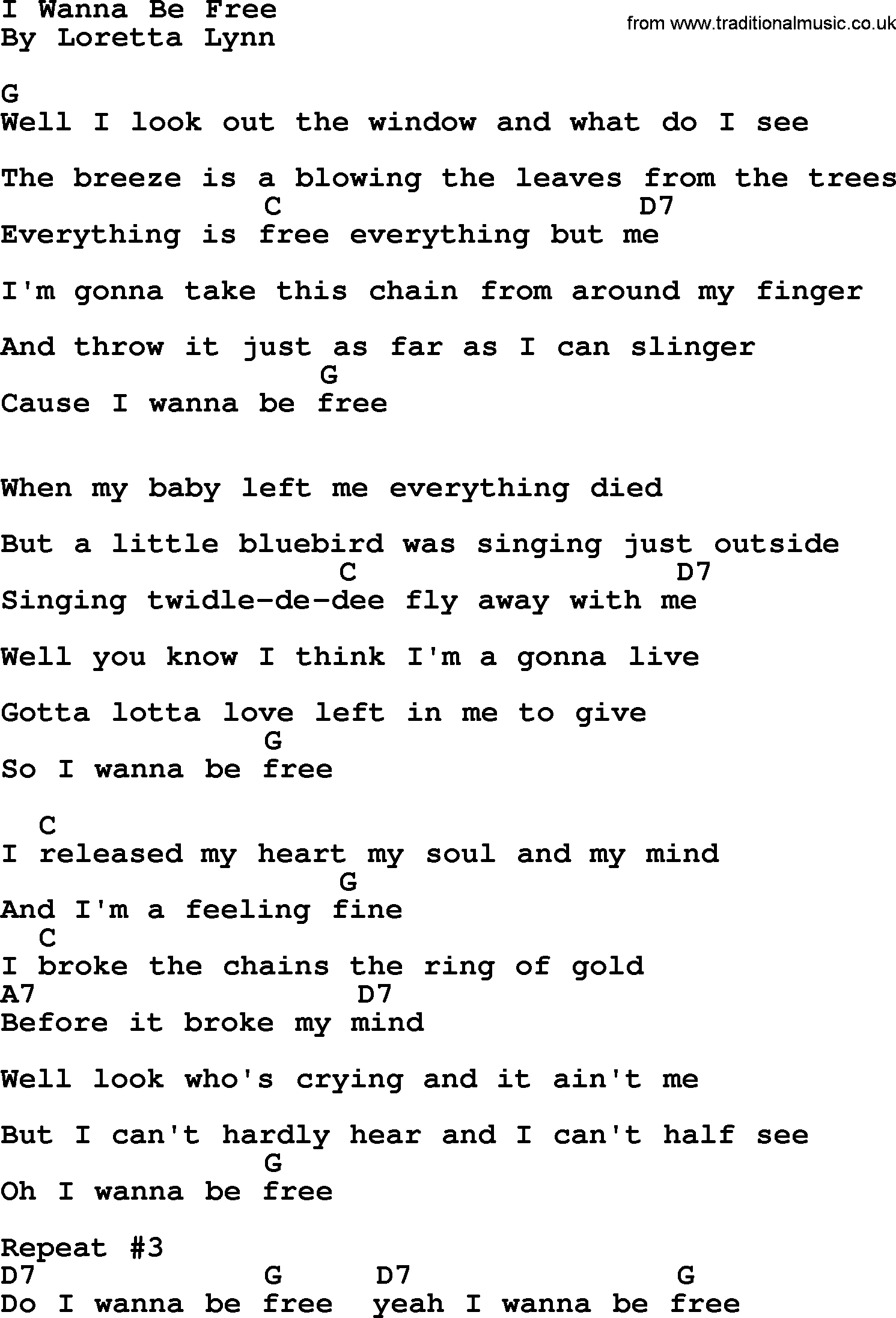 Loretta Lynn song: I Wanna Be Free lyrics and chords