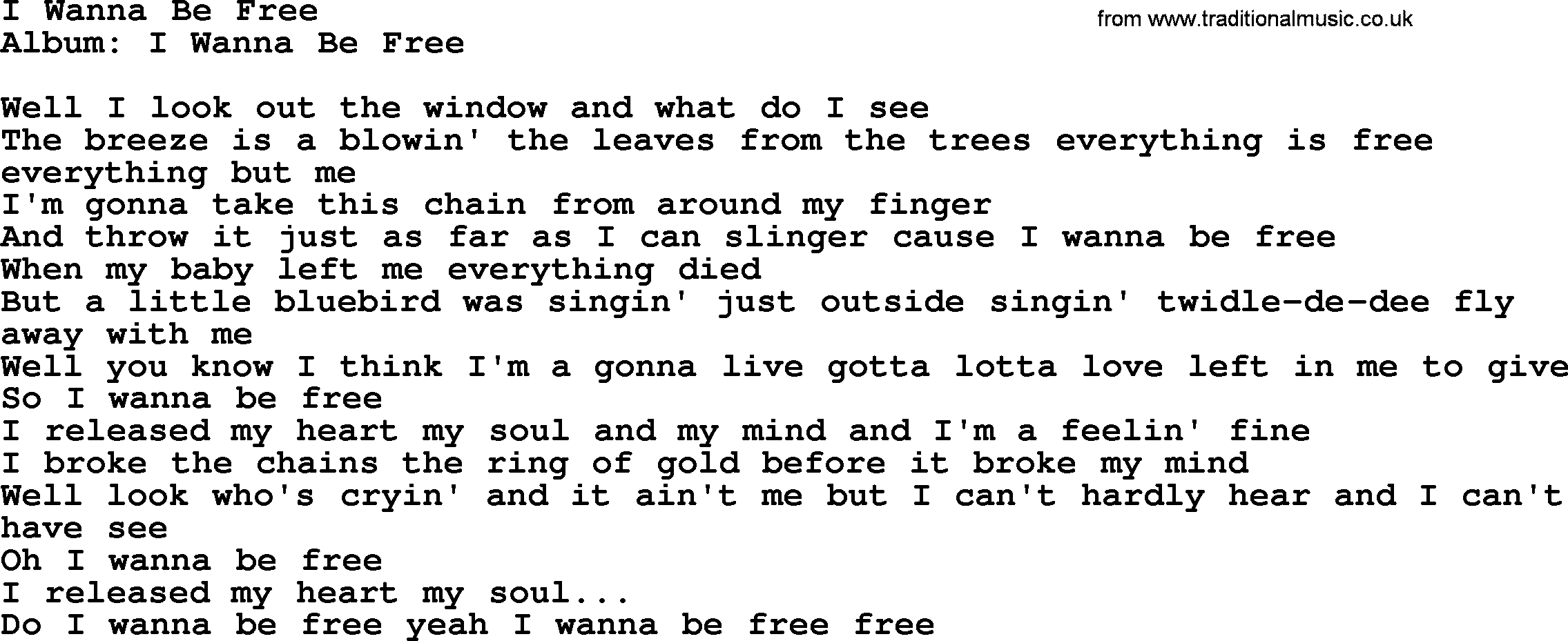 Loretta Lynn song: I Wanna Be Free lyrics