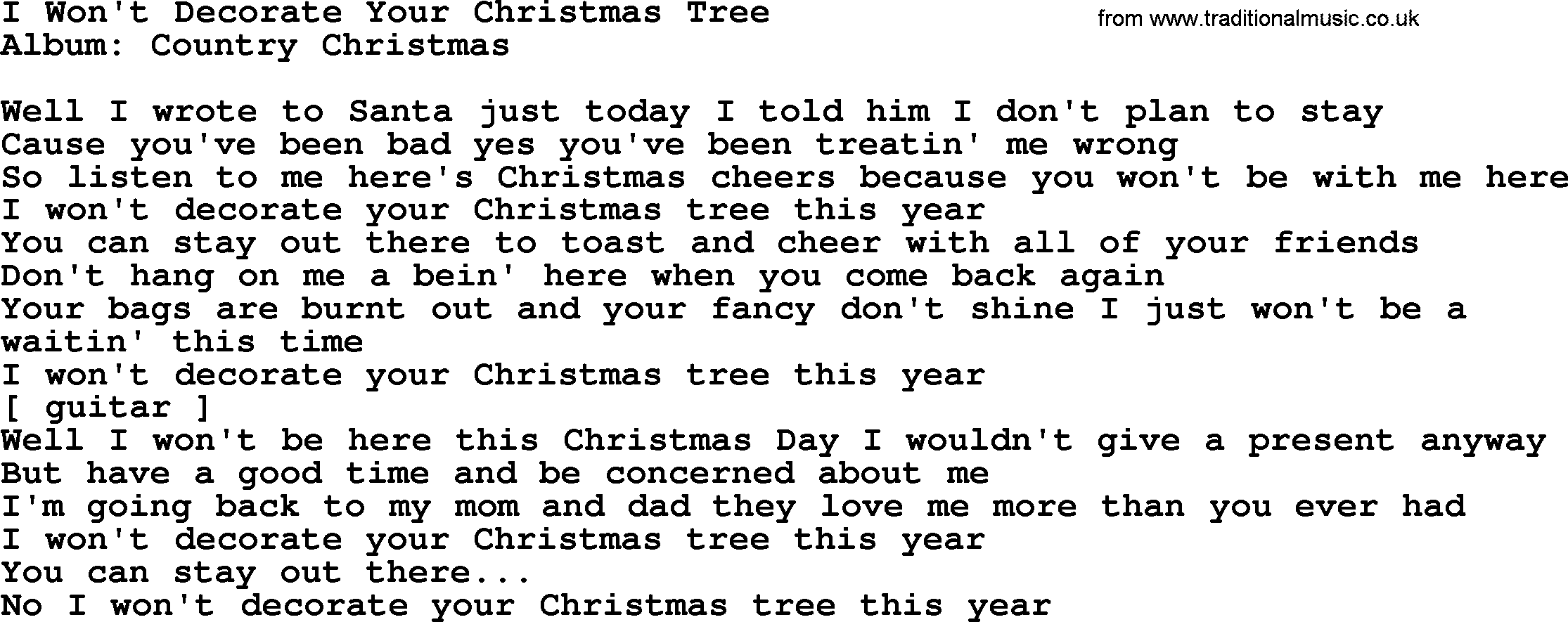 Loretta Lynn song: I Won't Decorate Your Christmas Tree lyrics