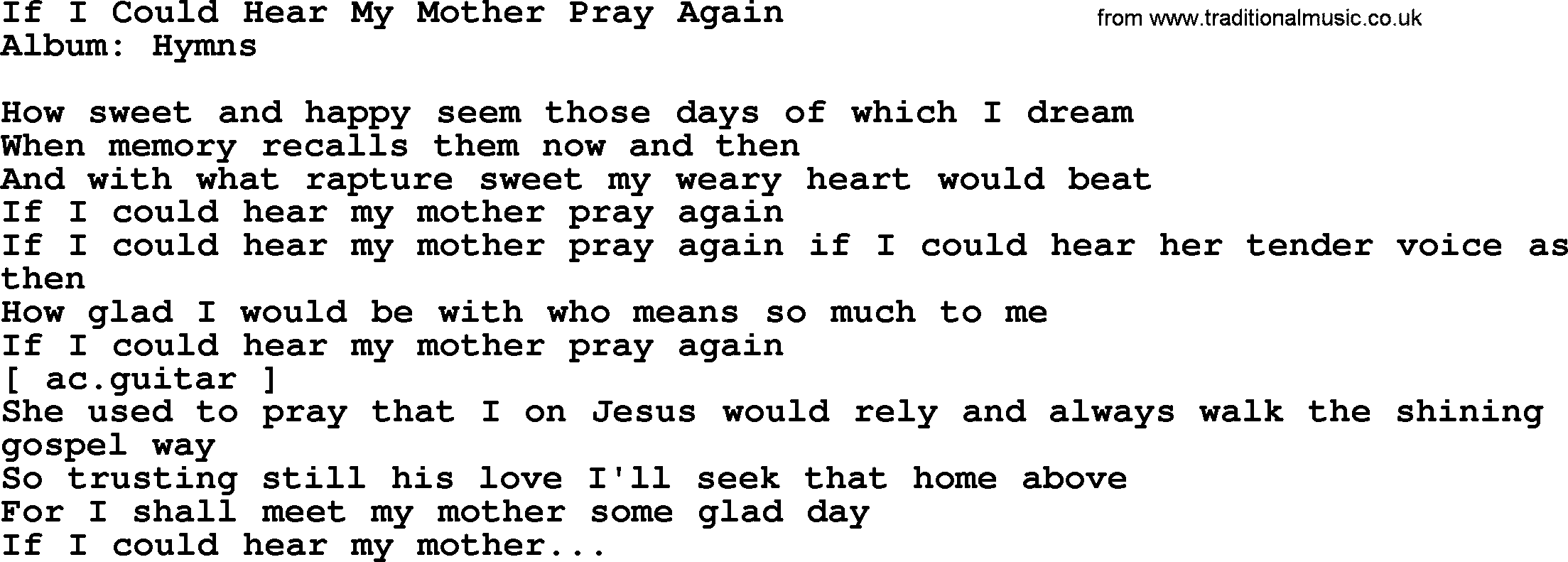 Loretta Lynn song: If I Could Hear My Mother Pray Again lyrics