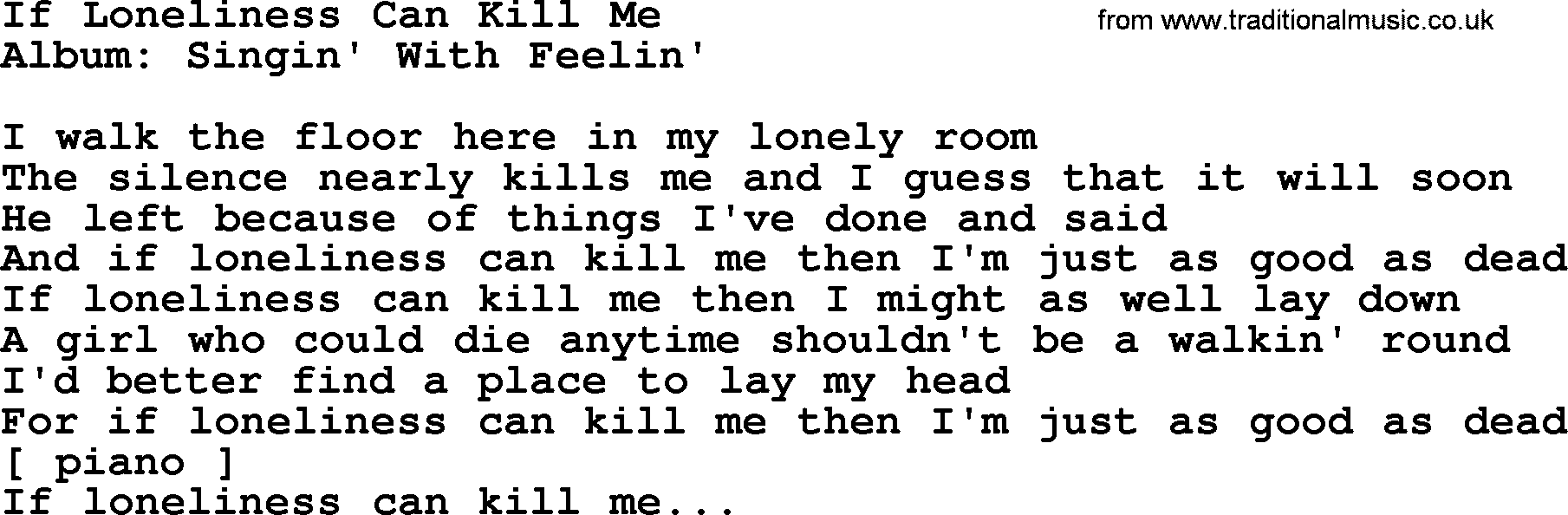 Loretta Lynn song: If Loneliness Can Kill Me lyrics