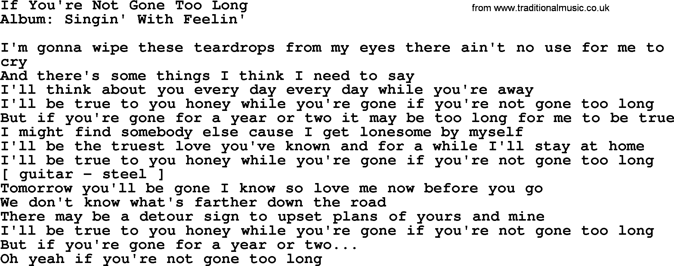 Loretta Lynn song: If You're Not Gone Too Long lyrics