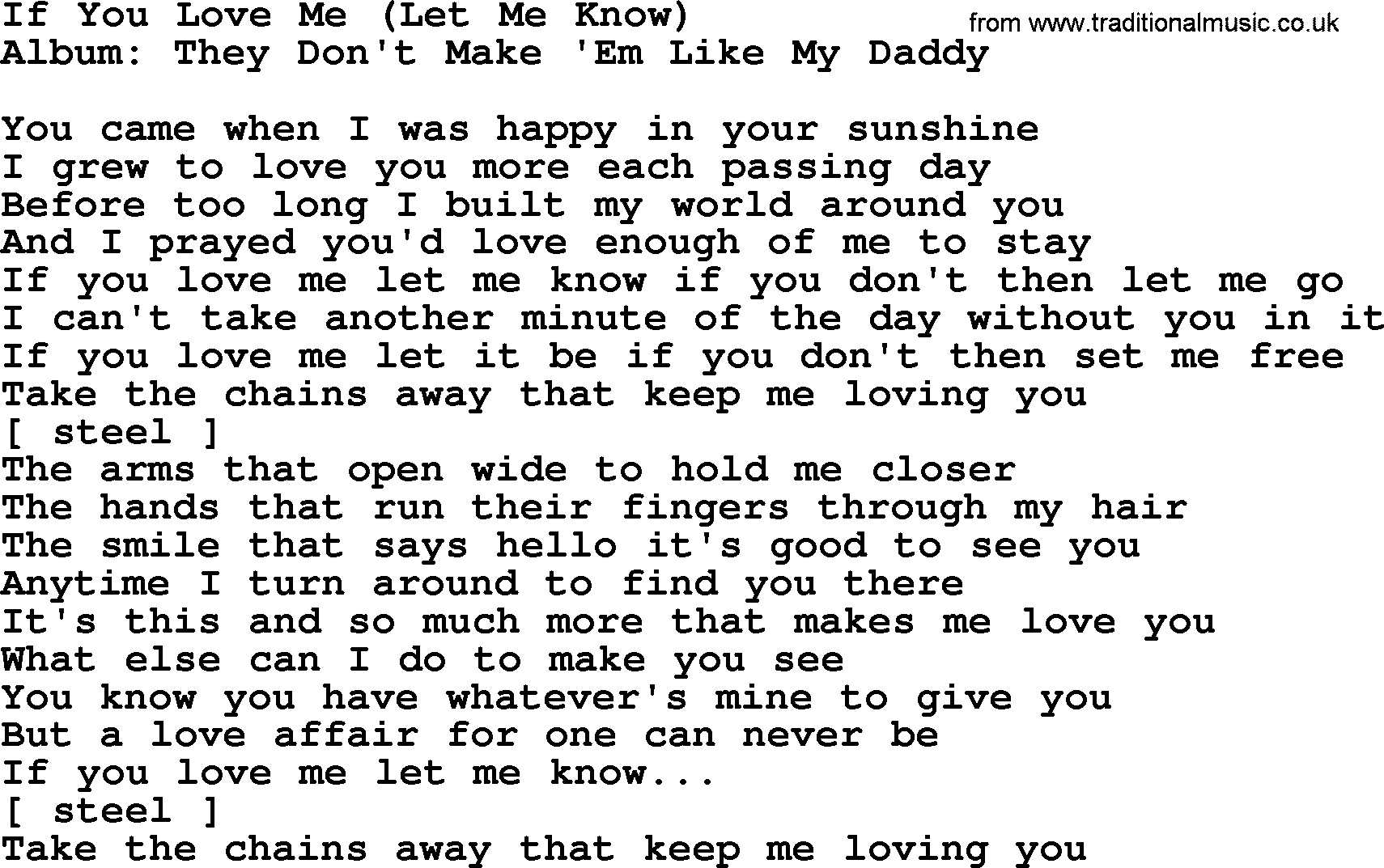 Loretta Lynn song: If You Love Me (Let Me Know) lyrics