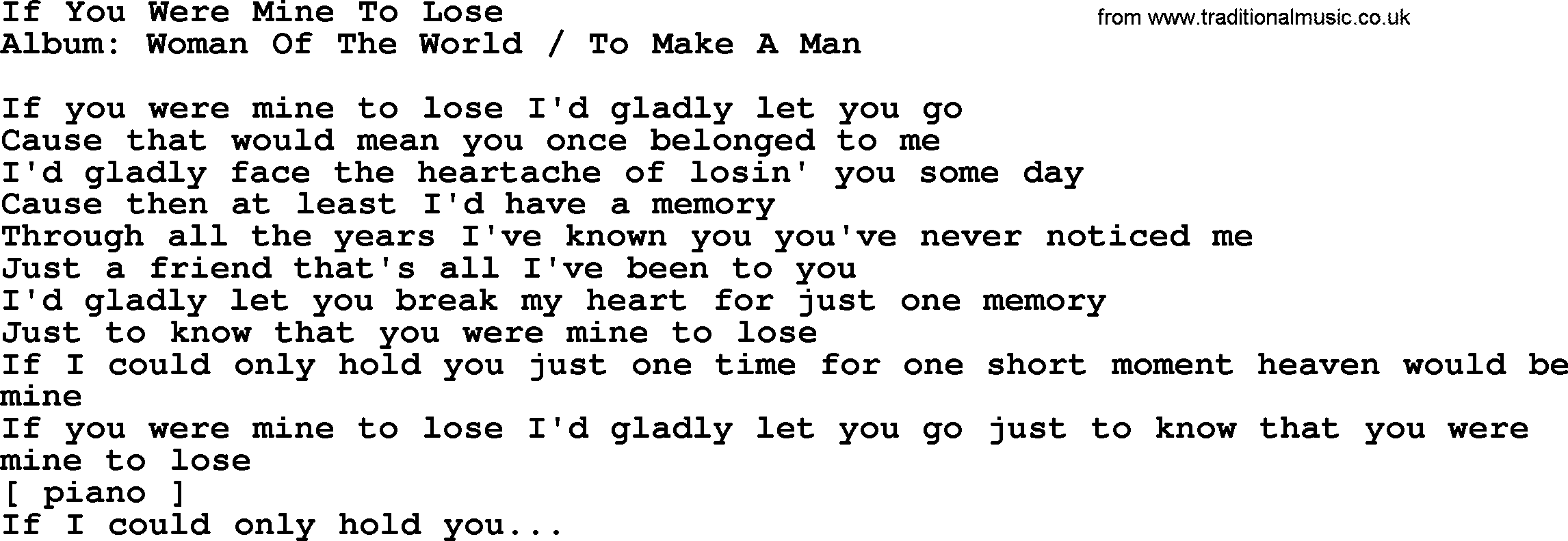 Loretta Lynn song: If You Were Mine To Lose lyrics