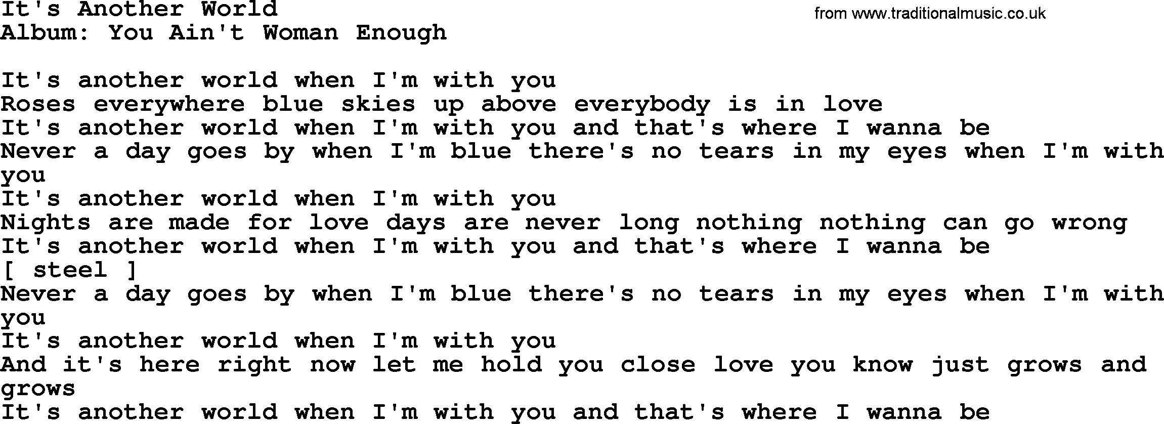 Loretta Lynn song: It's Another World lyrics
