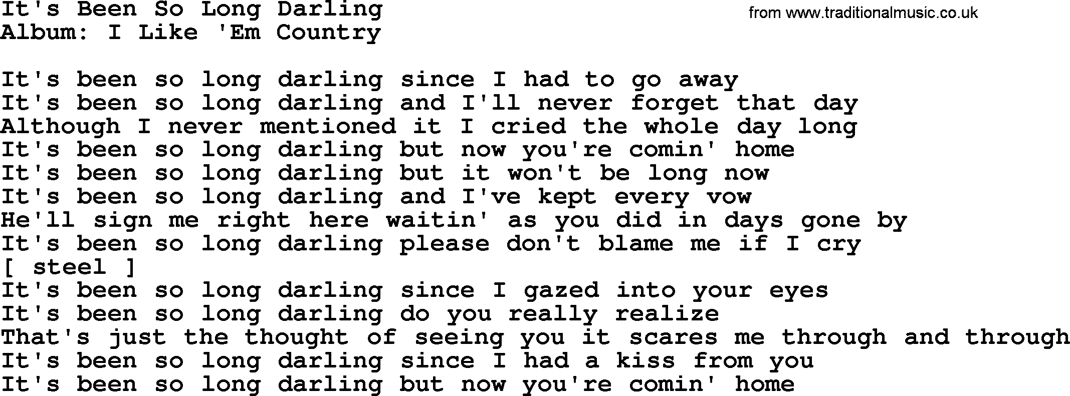 Loretta Lynn song: It's Been So Long Darling lyrics
