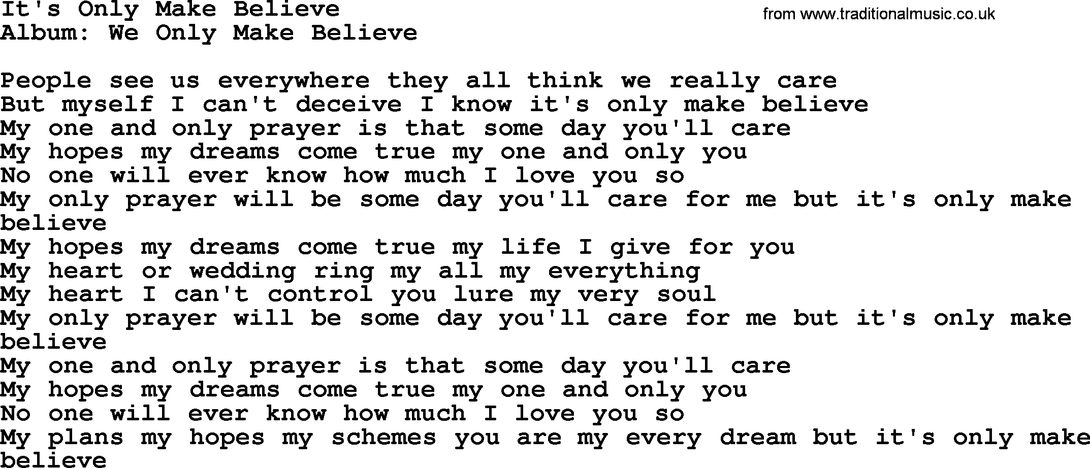 Loretta Lynn song: It's Only Make Believe lyrics