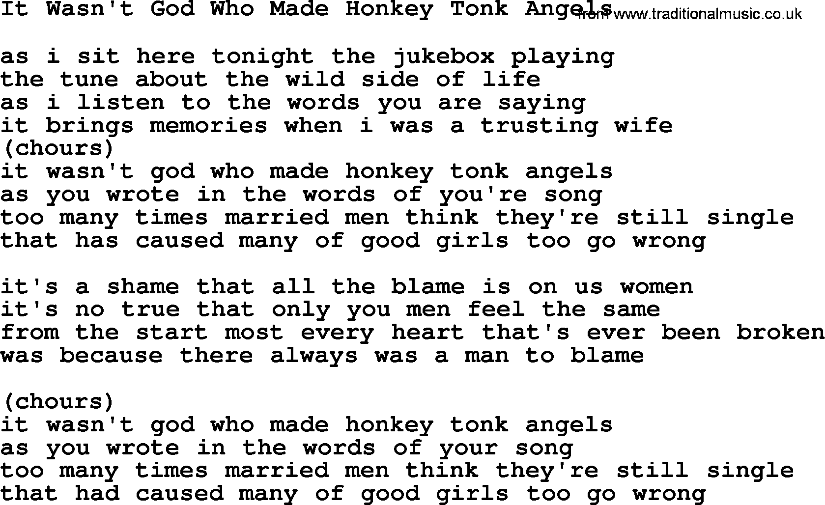 Loretta Lynn song: It Wasn't God Who Made Honkey Tonk Angels lyrics