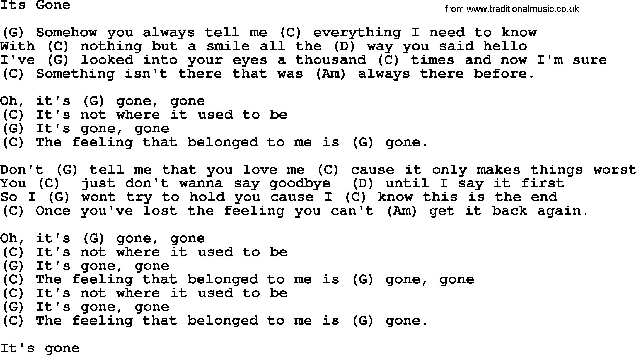 Loretta Lynn song: Its Gone lyrics and chords