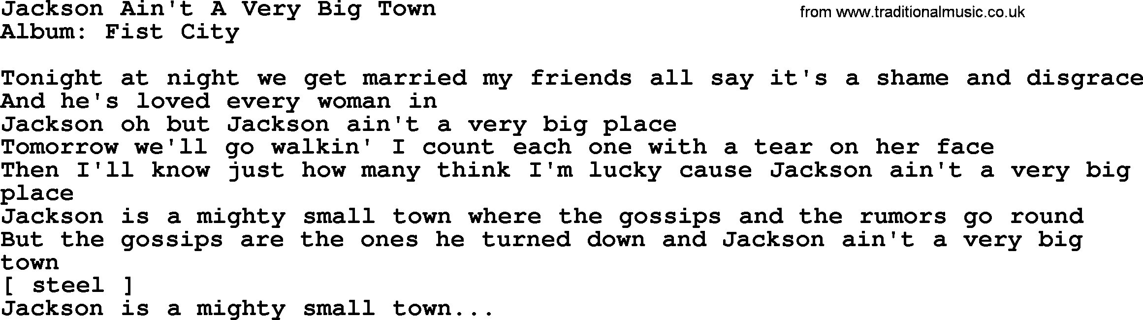Loretta Lynn song: Jackson Ain't A Very Big Town lyrics