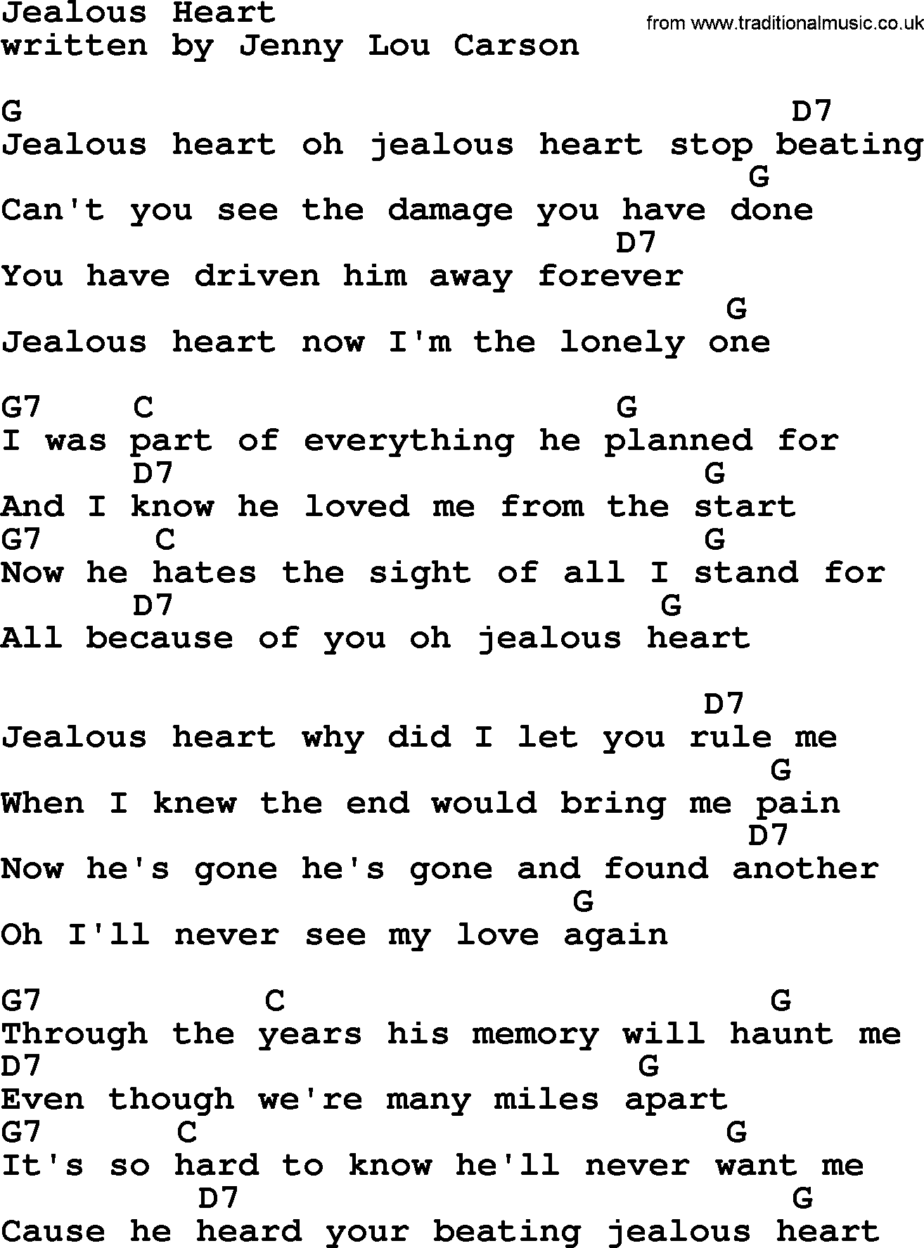 Loretta Lynn song: Jealous Heart lyrics and chords