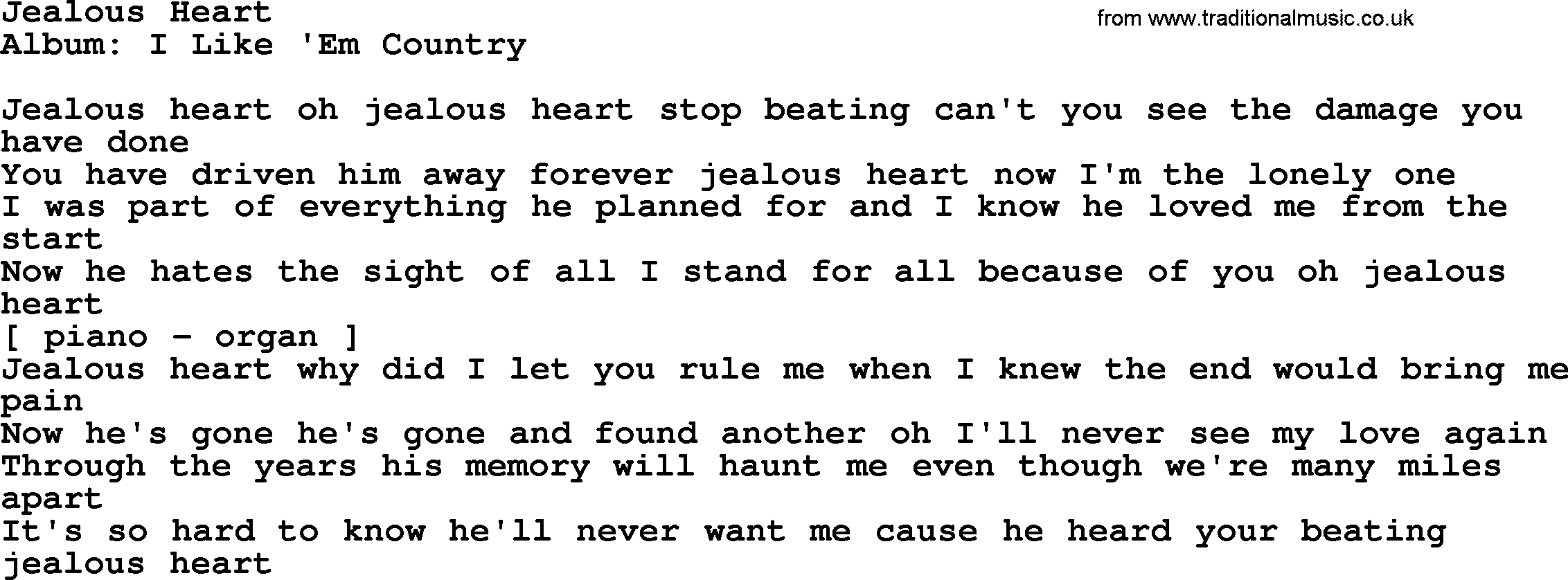 Loretta Lynn song: Jealous Heart lyrics