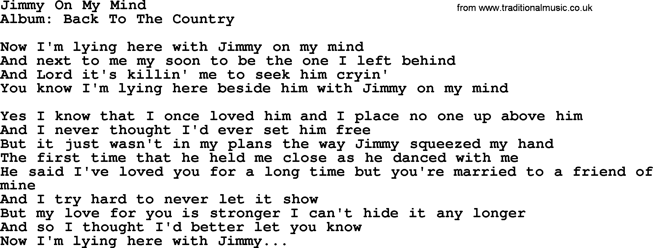 Loretta Lynn song: Jimmy On My Mind lyrics